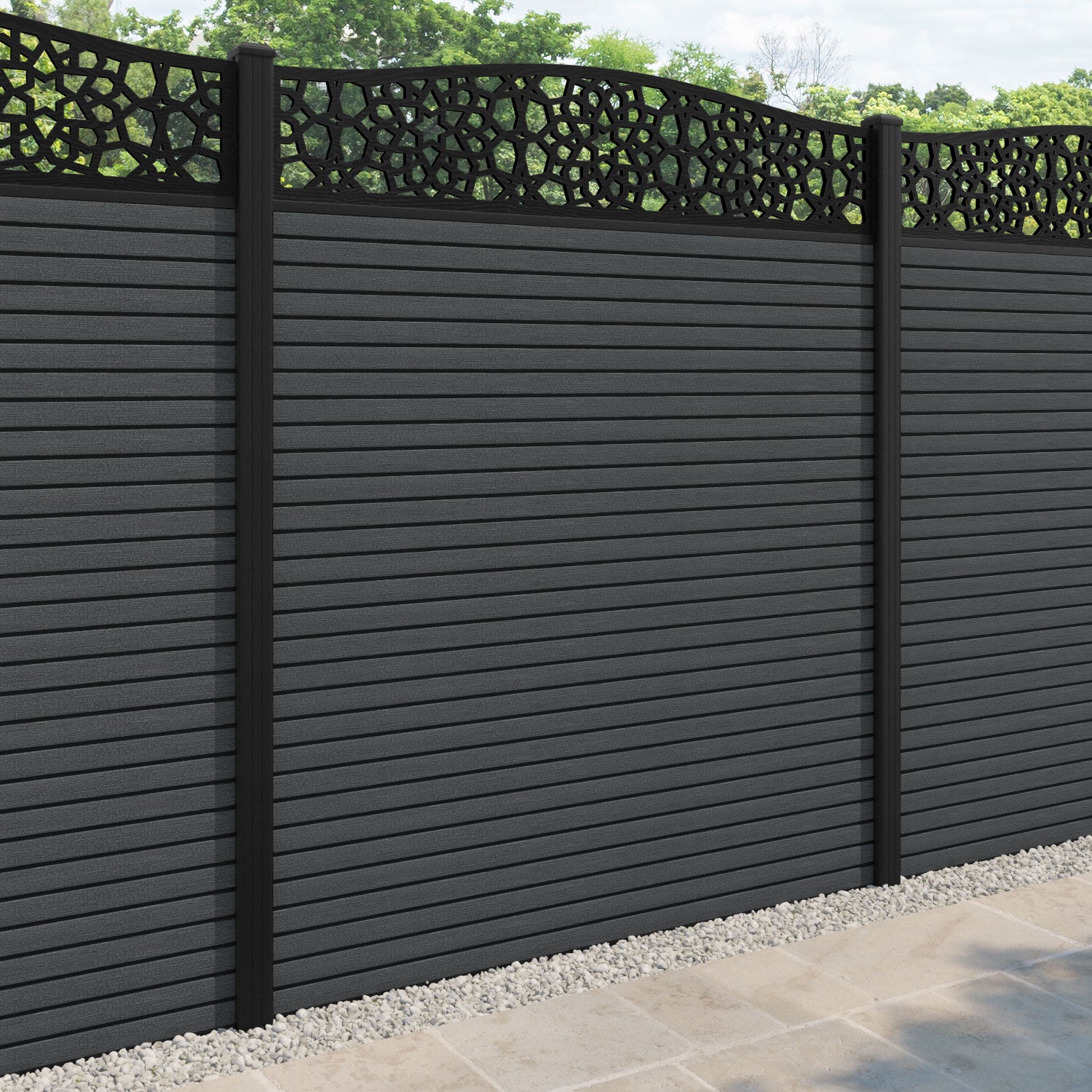 Hudson Nazira Curved Top Fence Panel - Dark Grey - with our aluminium posts