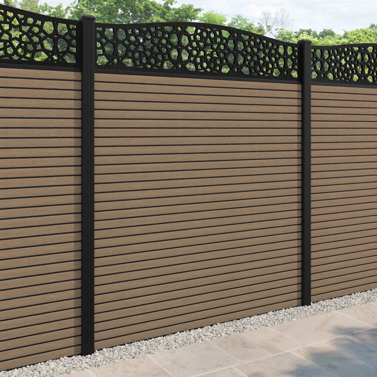 Hudson Nazira Curved Top Fence Panel - Teak - with our aluminium posts