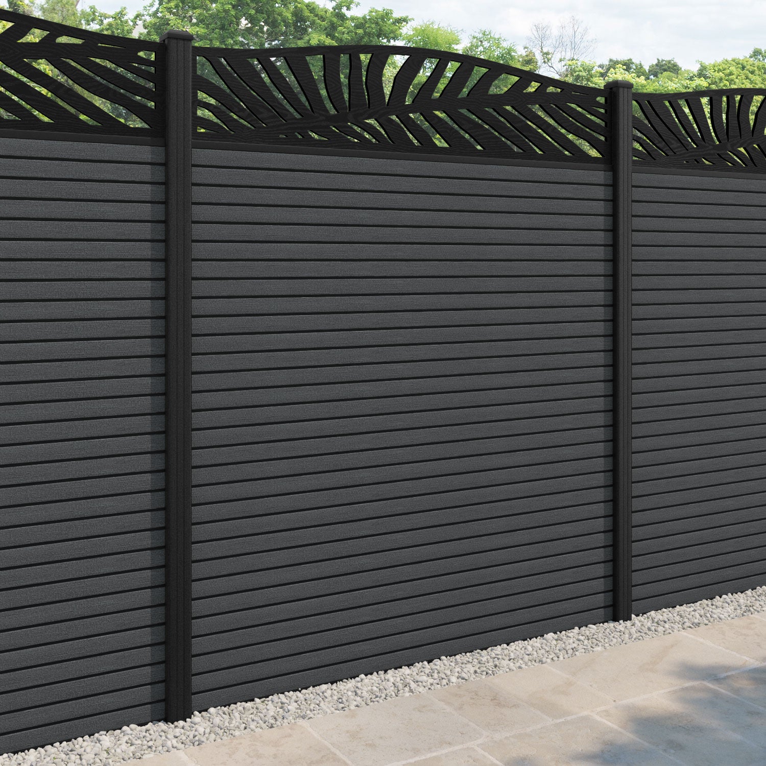 Hudson Palm Curved Top Fence Panel - Dark Grey - with our composite posts