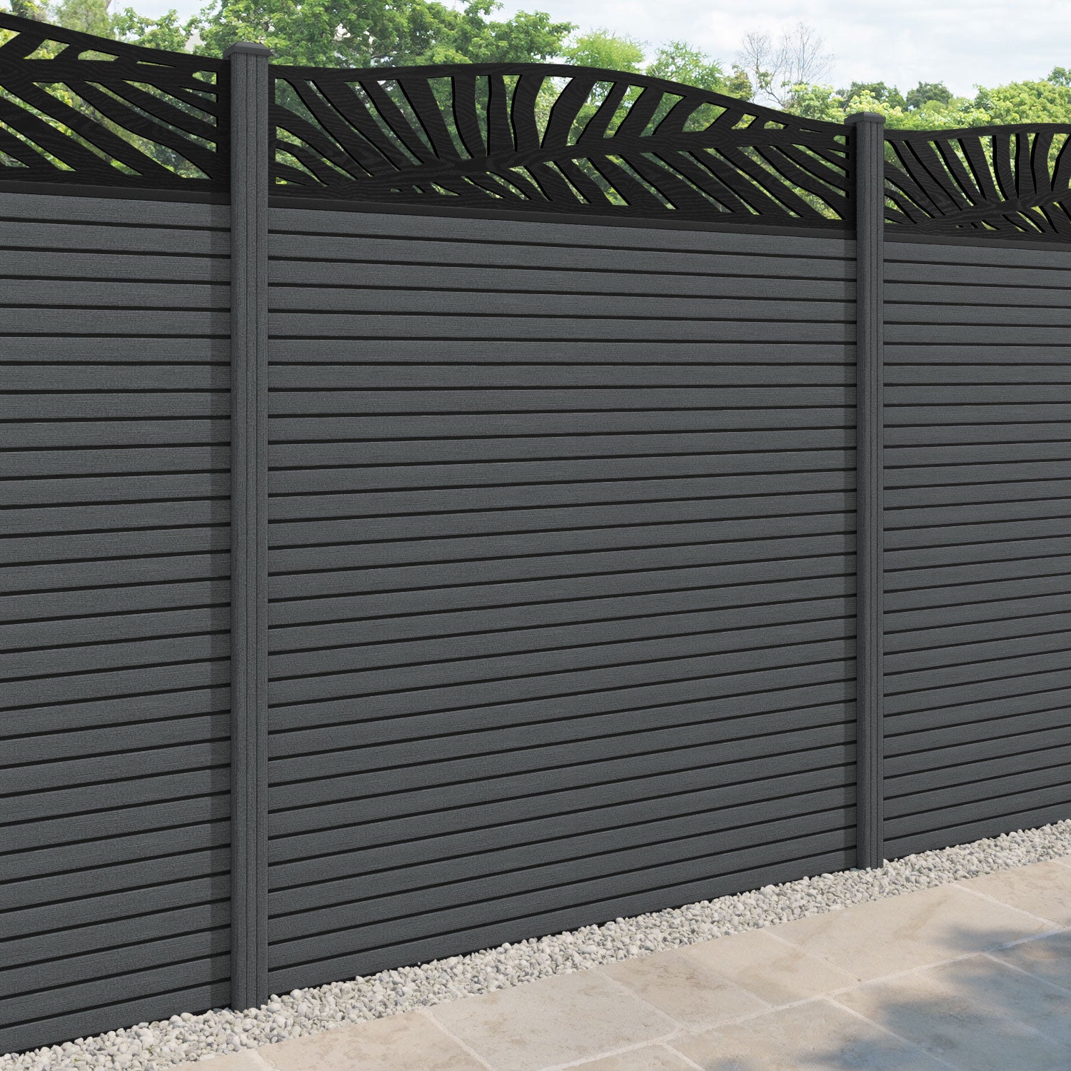 Hudson Palm Curved Top Fence Panel - Dark Grey - with our composite posts