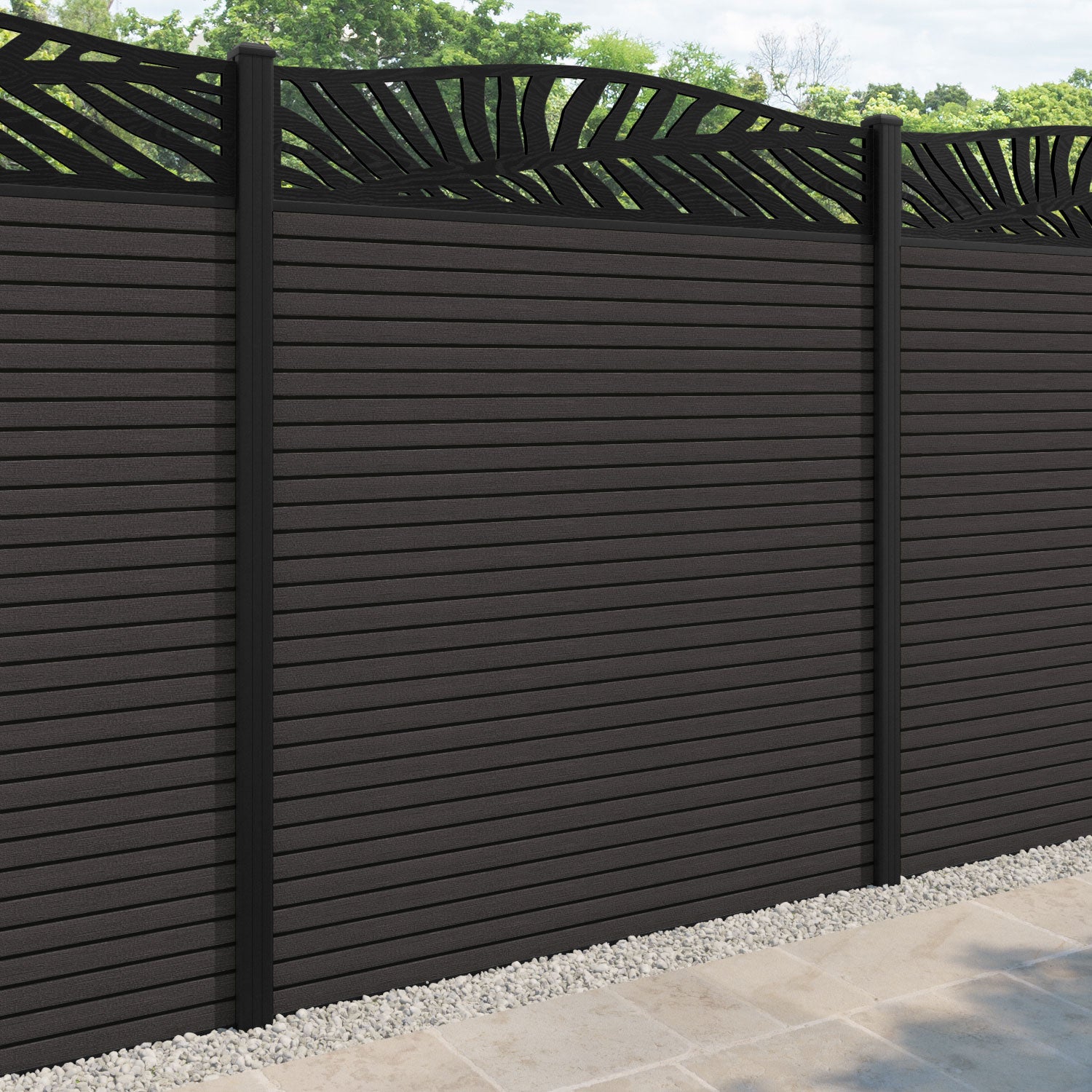 Hudson Palm Curved Top Fence Panel - Dark Oak - with our aluminium posts