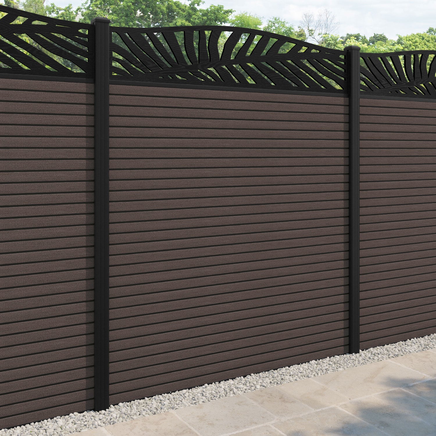 Hudson Palm Curved Top Fence Panel - Mid Brown - with our aluminium posts