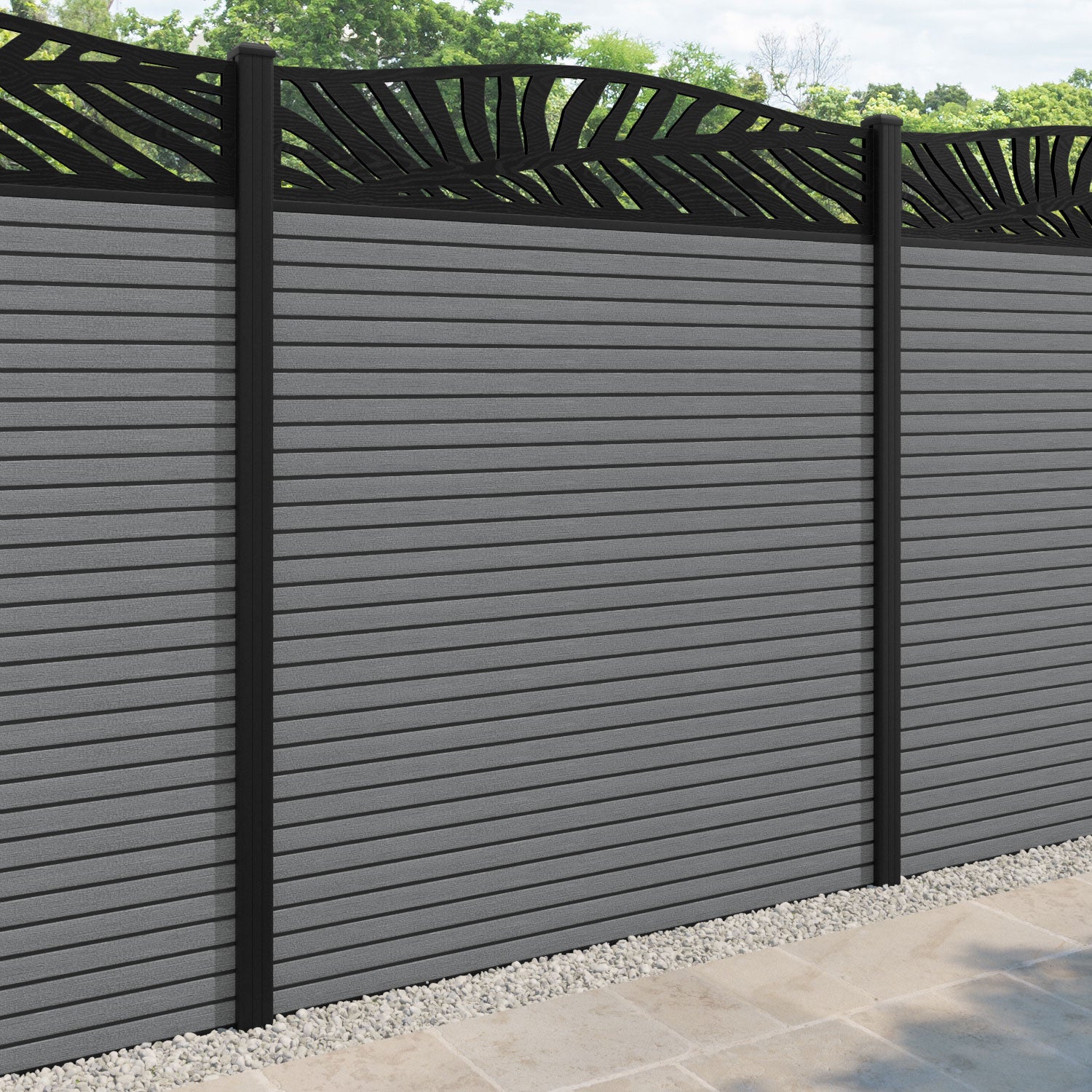 Hudson Palm Curved Top Fence Panel - Mid Grey - with our aluminium posts
