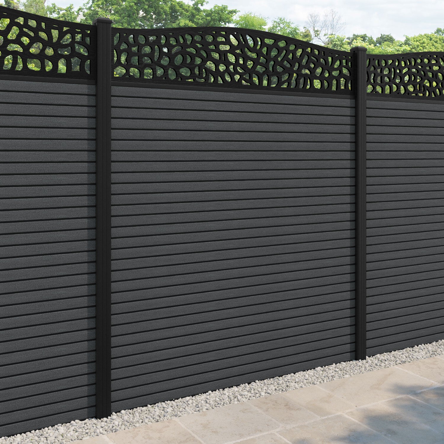 Hudson Pebble Curved Top Fence Panel - Dark Grey - with our aluminium posts