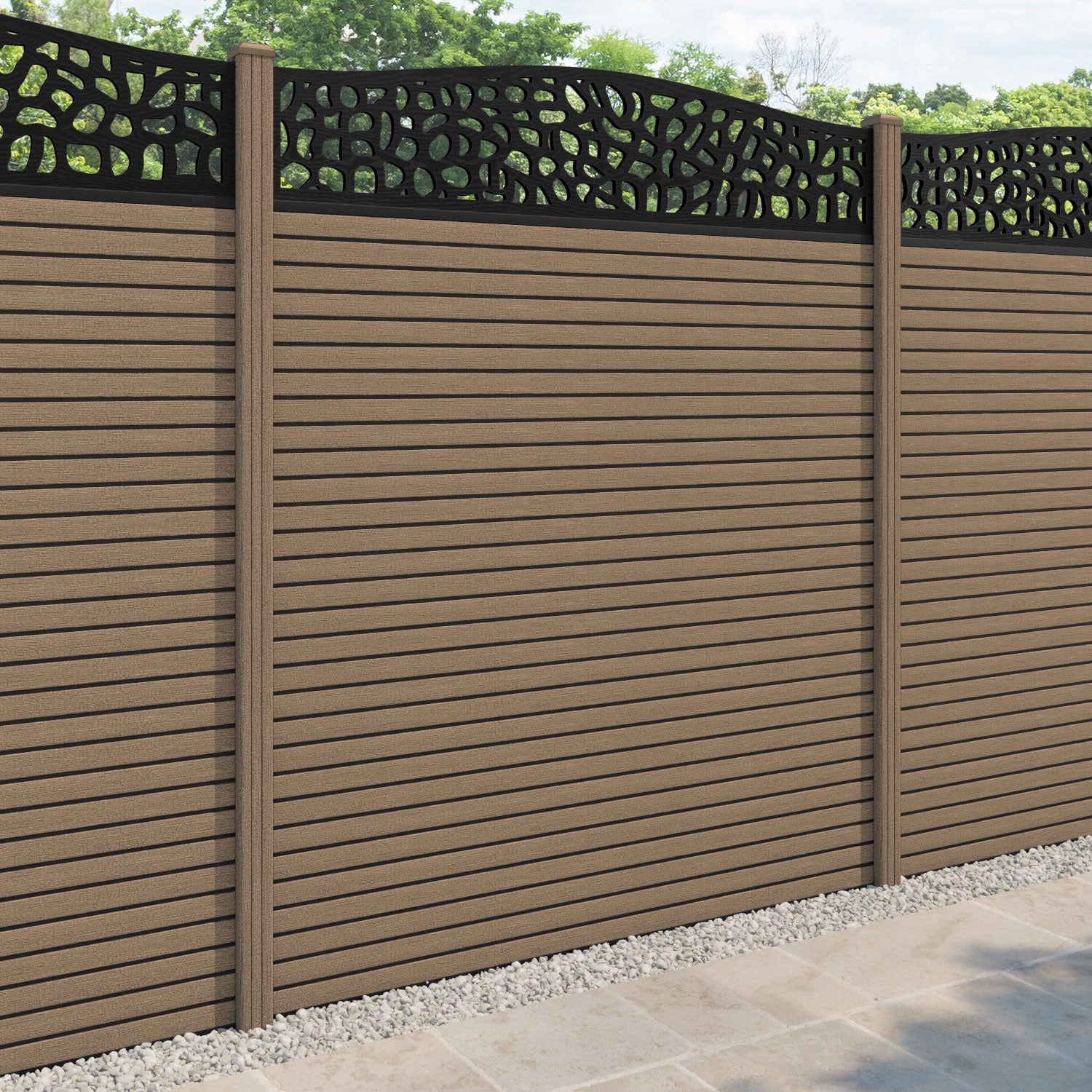 Hudson Pebble Curved Top Fence Panel - Teak - with our composite posts