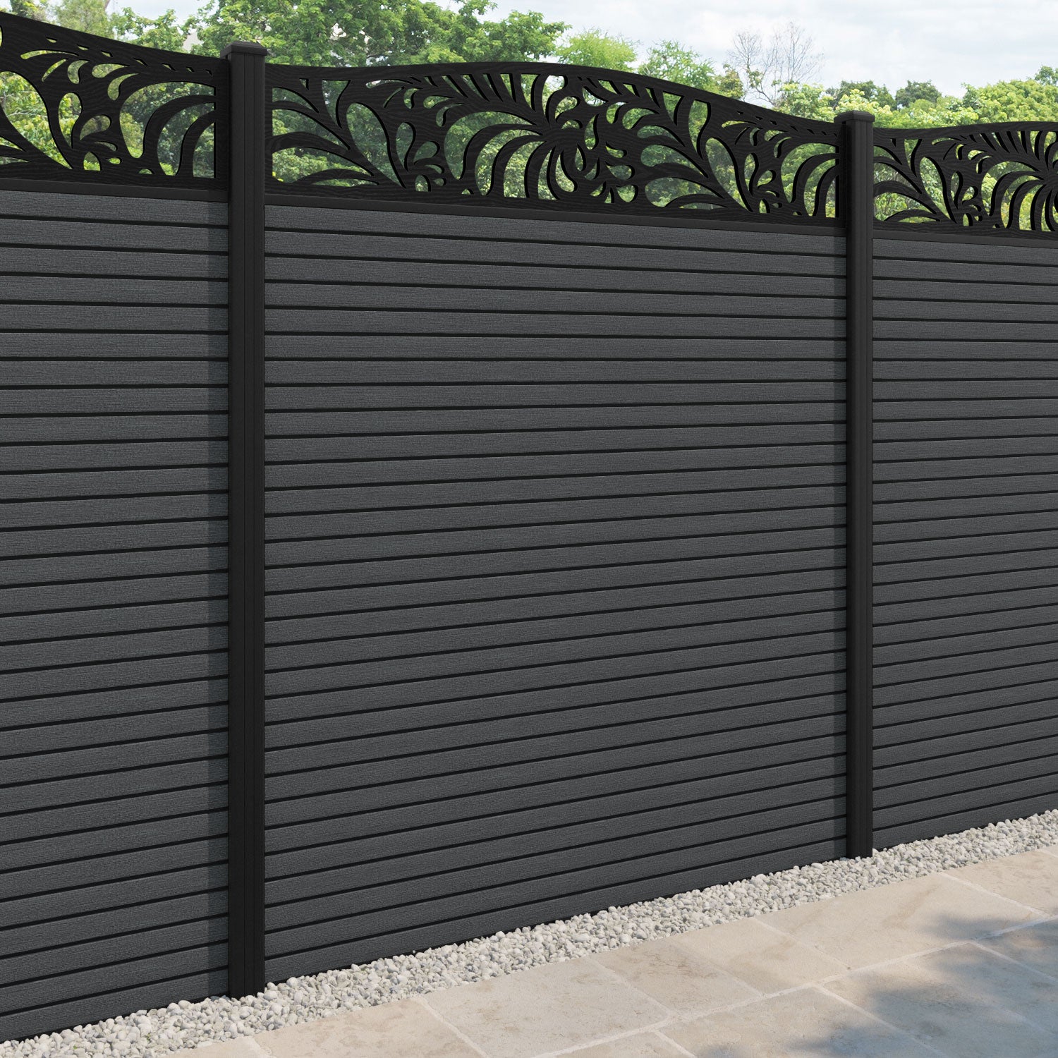 Hudson Petal Curved Top Fence Panel - Dark Grey - with our aluminium posts