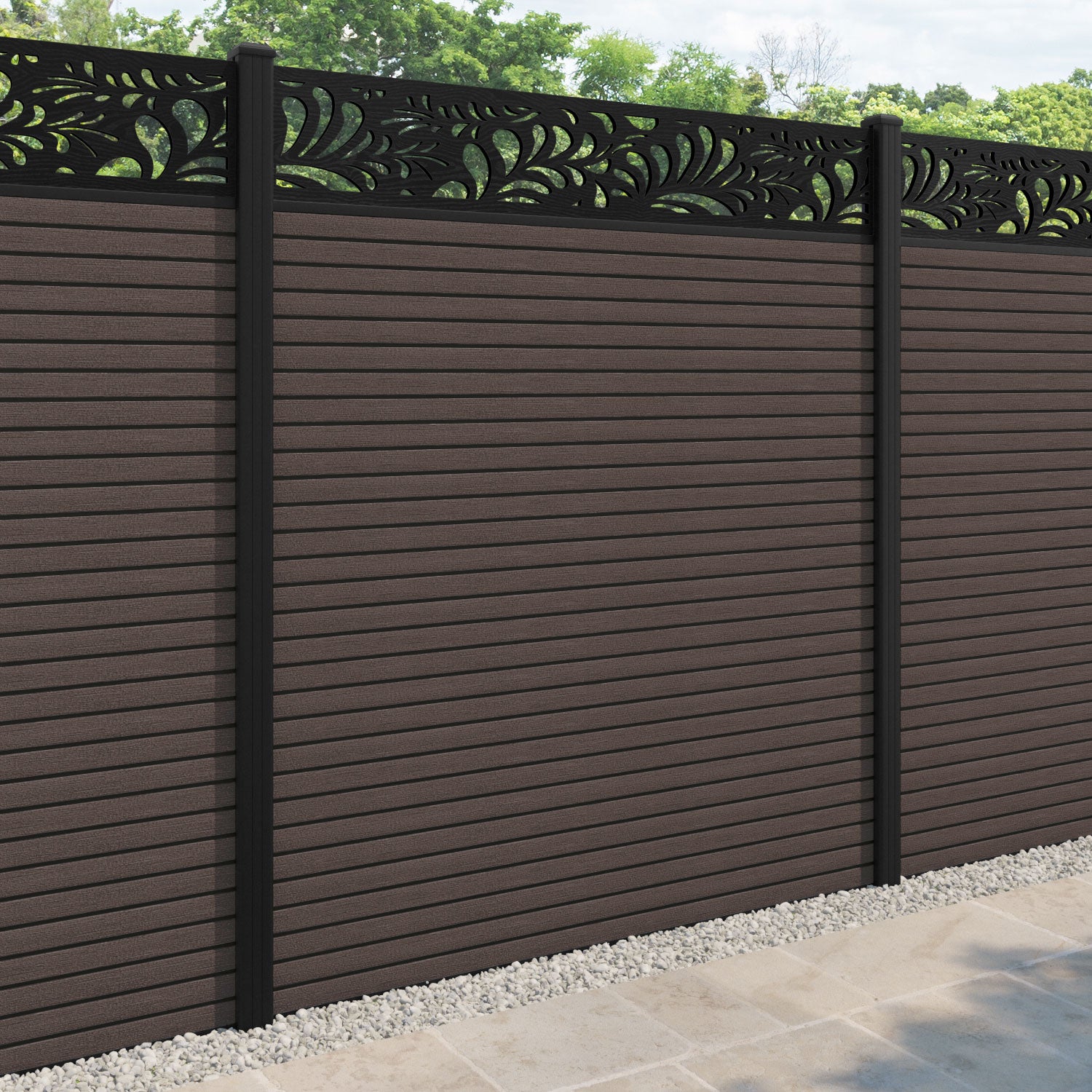 Hudson Petal Fence Panel - Mid Brown - with our aluminium posts