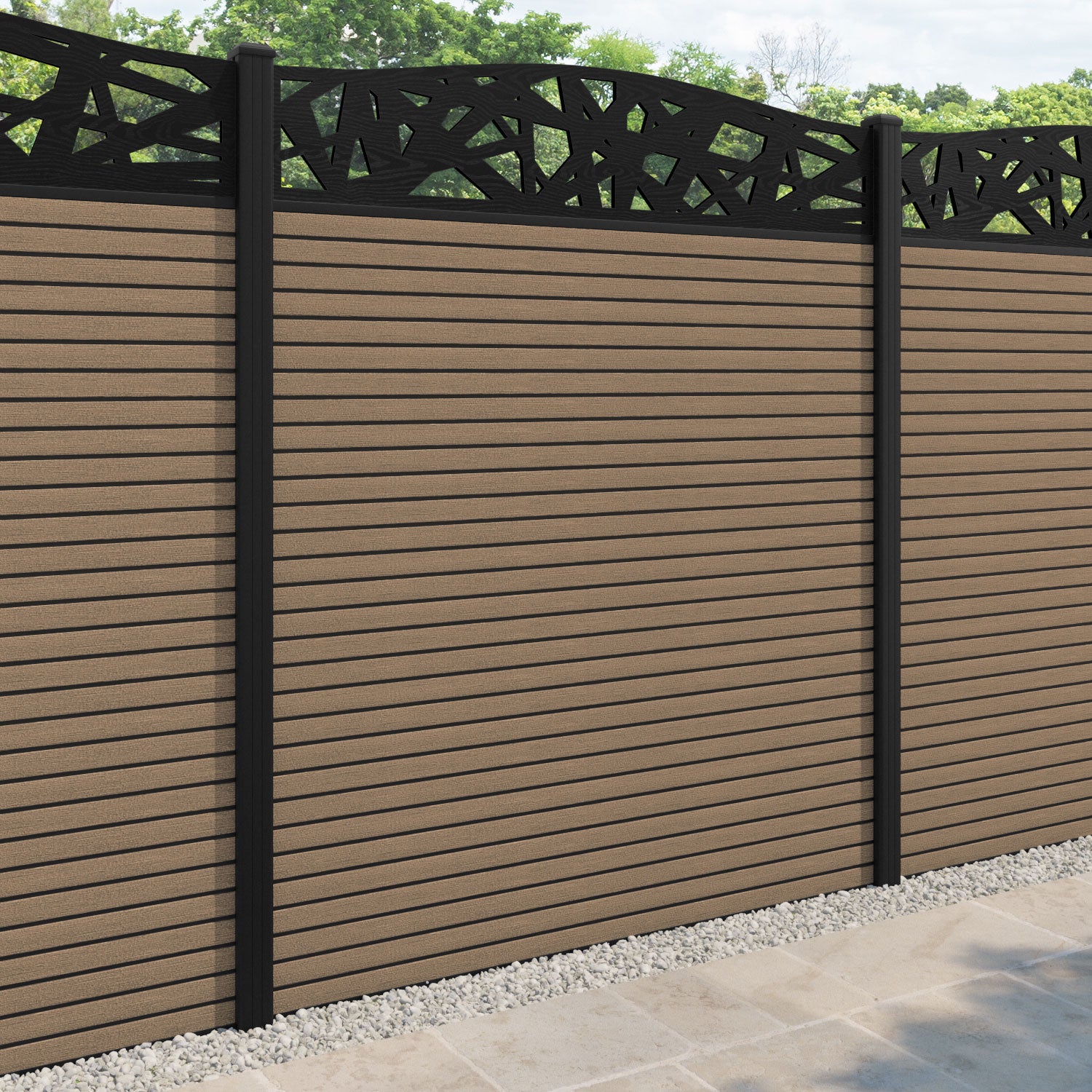 Hudson Prism Curved Top Fence Panel - Teak - with our aluminium posts