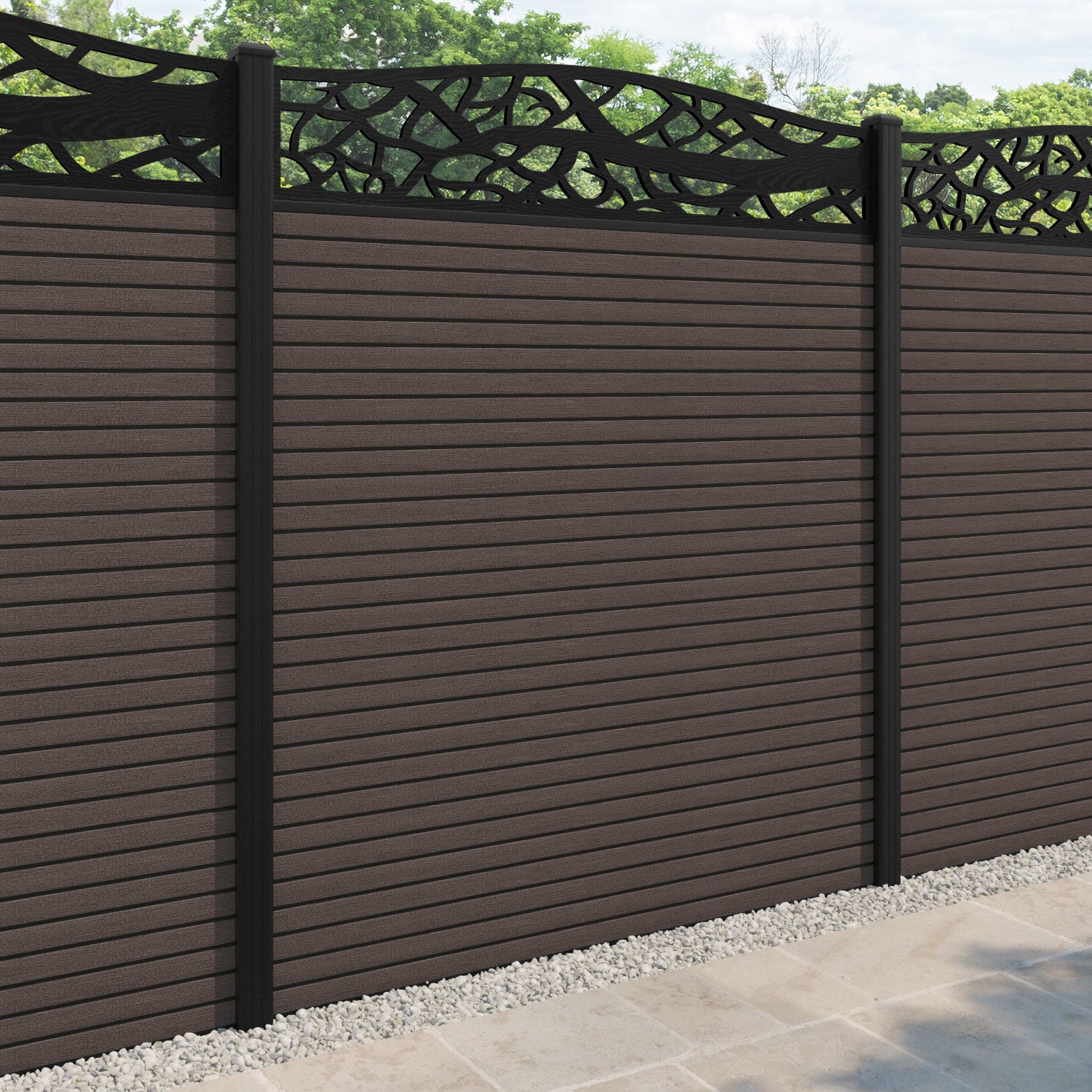 Hudson Twilight Curved Top Fence Panel - Mid Brown - with our aluminium posts