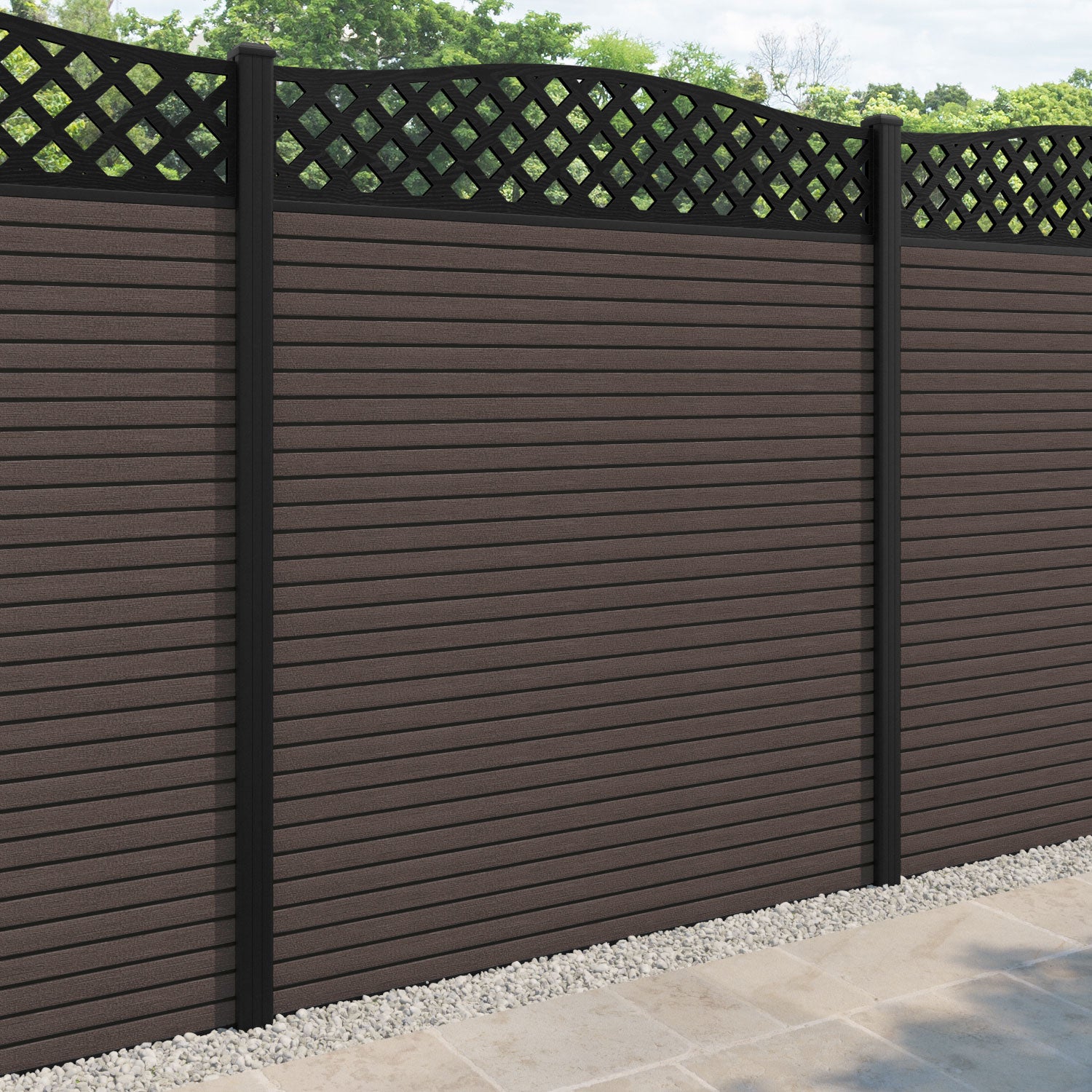Hudson High Wave Fence Panel - Mid Brown - with our aluminium posts