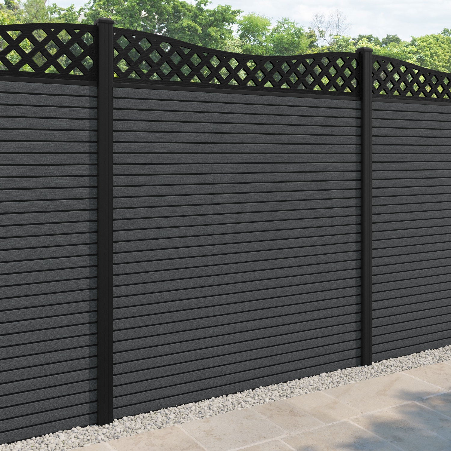 Hudson Low Wave Fence Panel - Dark Grey - with our aluminium posts