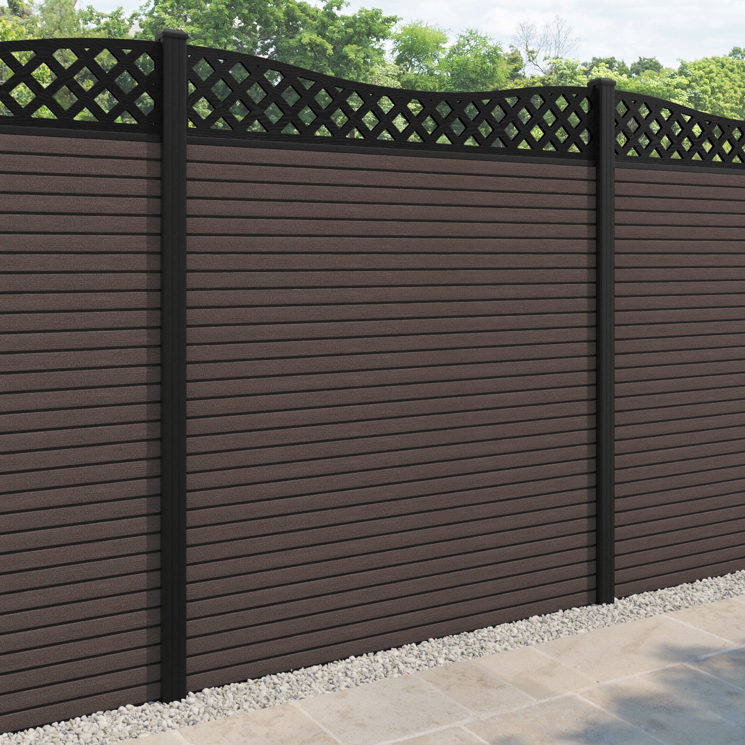 Hudson Low Wave Fence Panel - Mid Brown - with our aluminium posts
