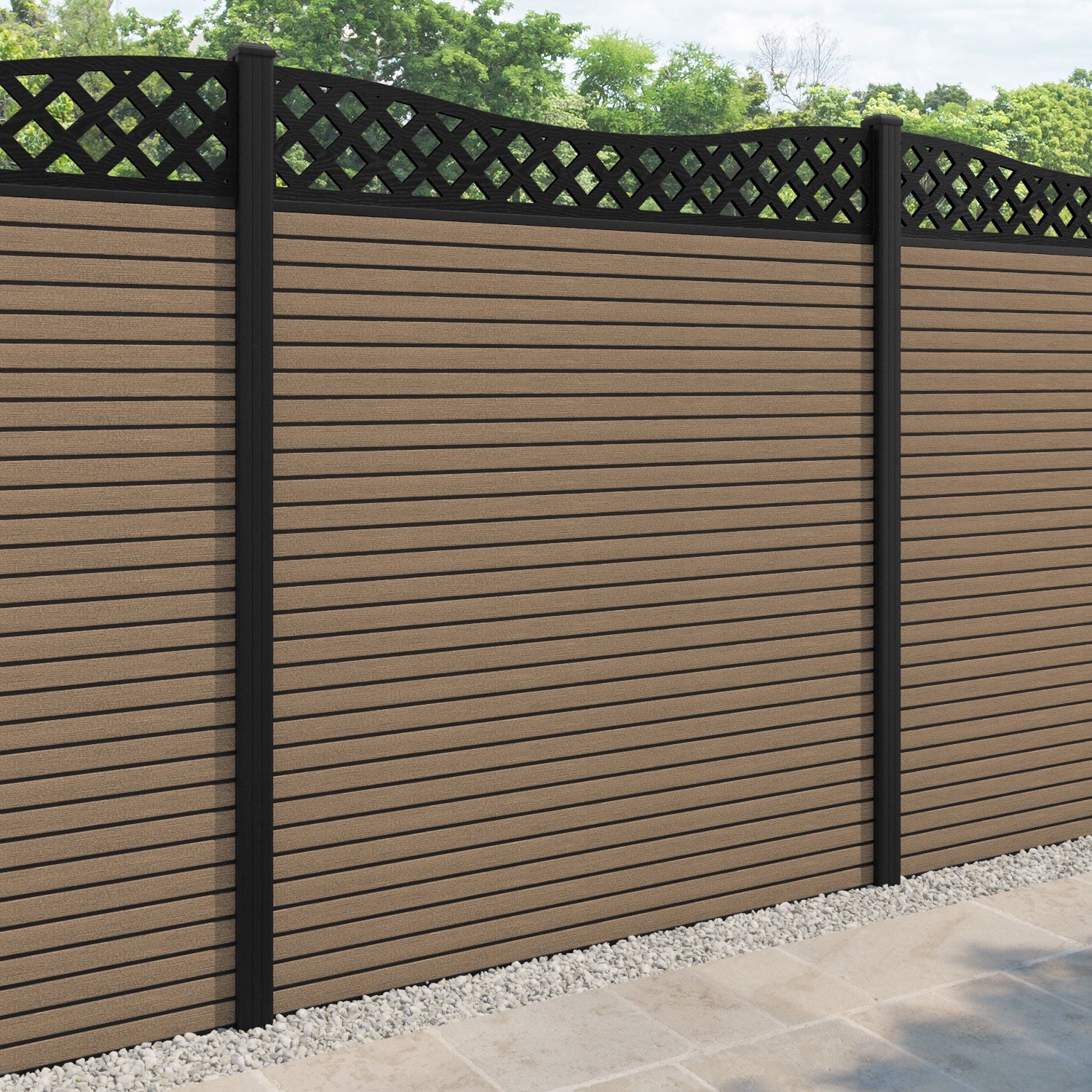 Hudson Low Wave Fence Panel - Teak - with our aluminium posts