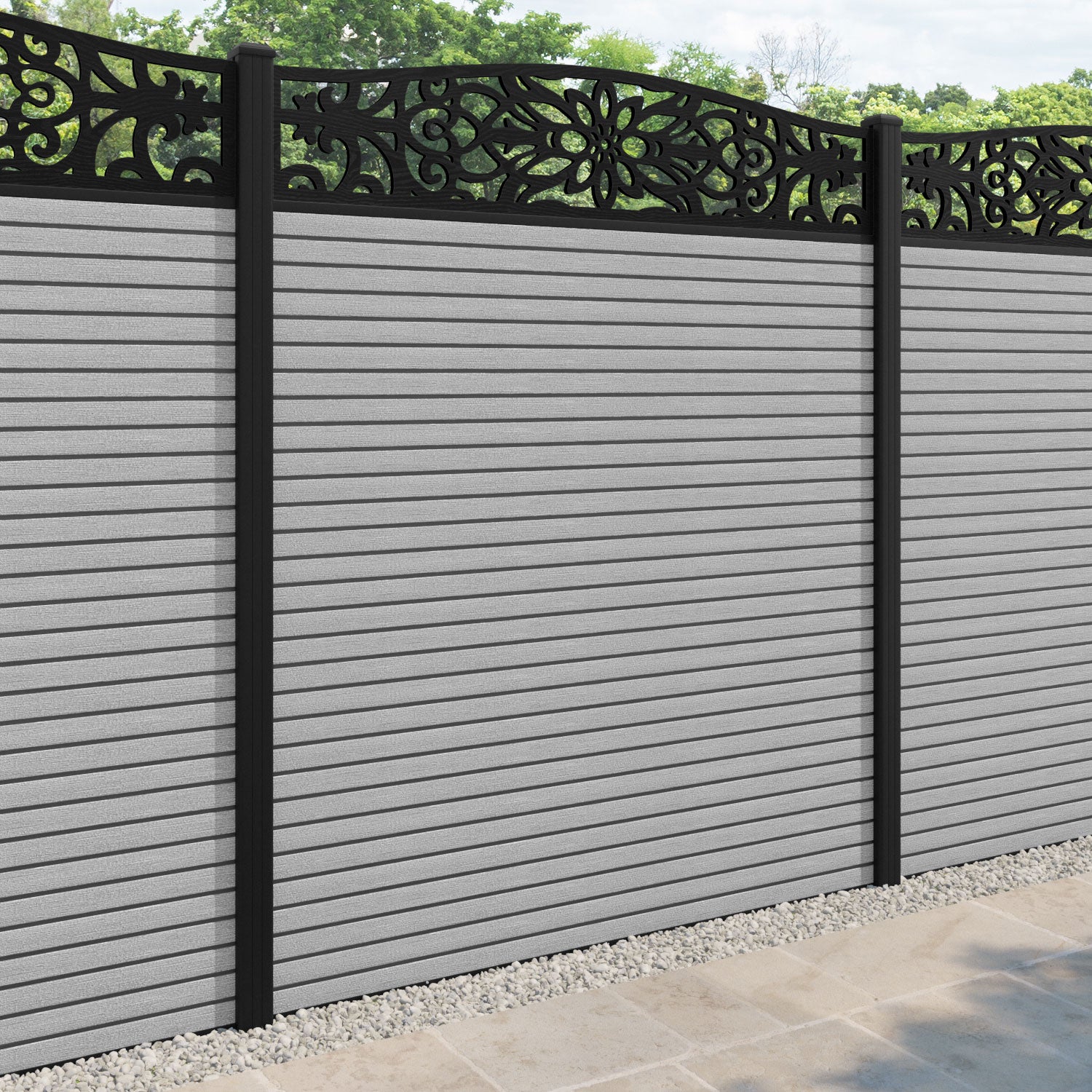 Hudson Windsor Curved Top Fence Panel - Light Grey - with our aluminium posts
