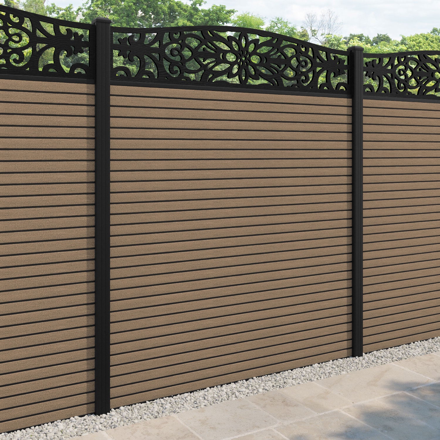Hudson Windsor Curved Top Fence Panel - Teak - with our aluminium posts