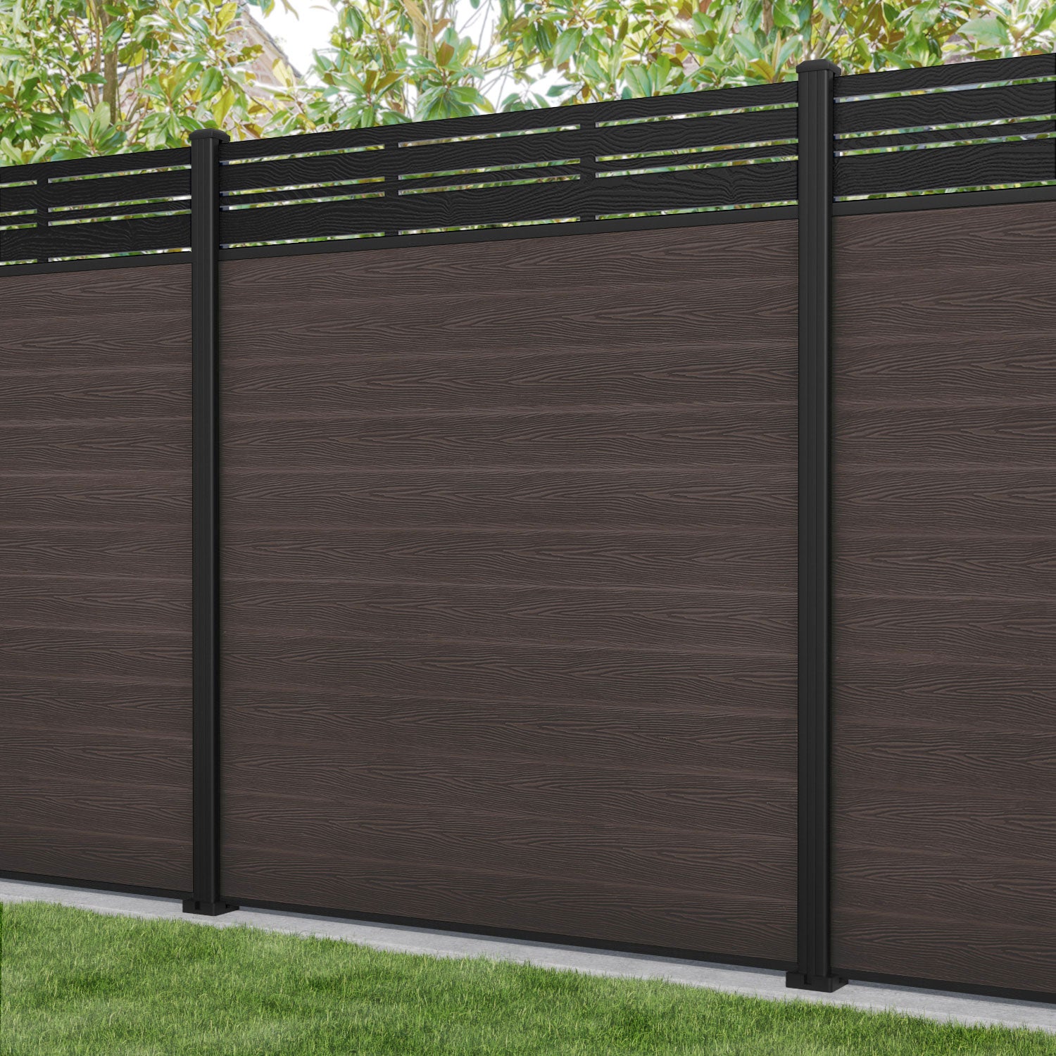 Classic Linea Fence Panel - Mid Brown - with our aluminium posts