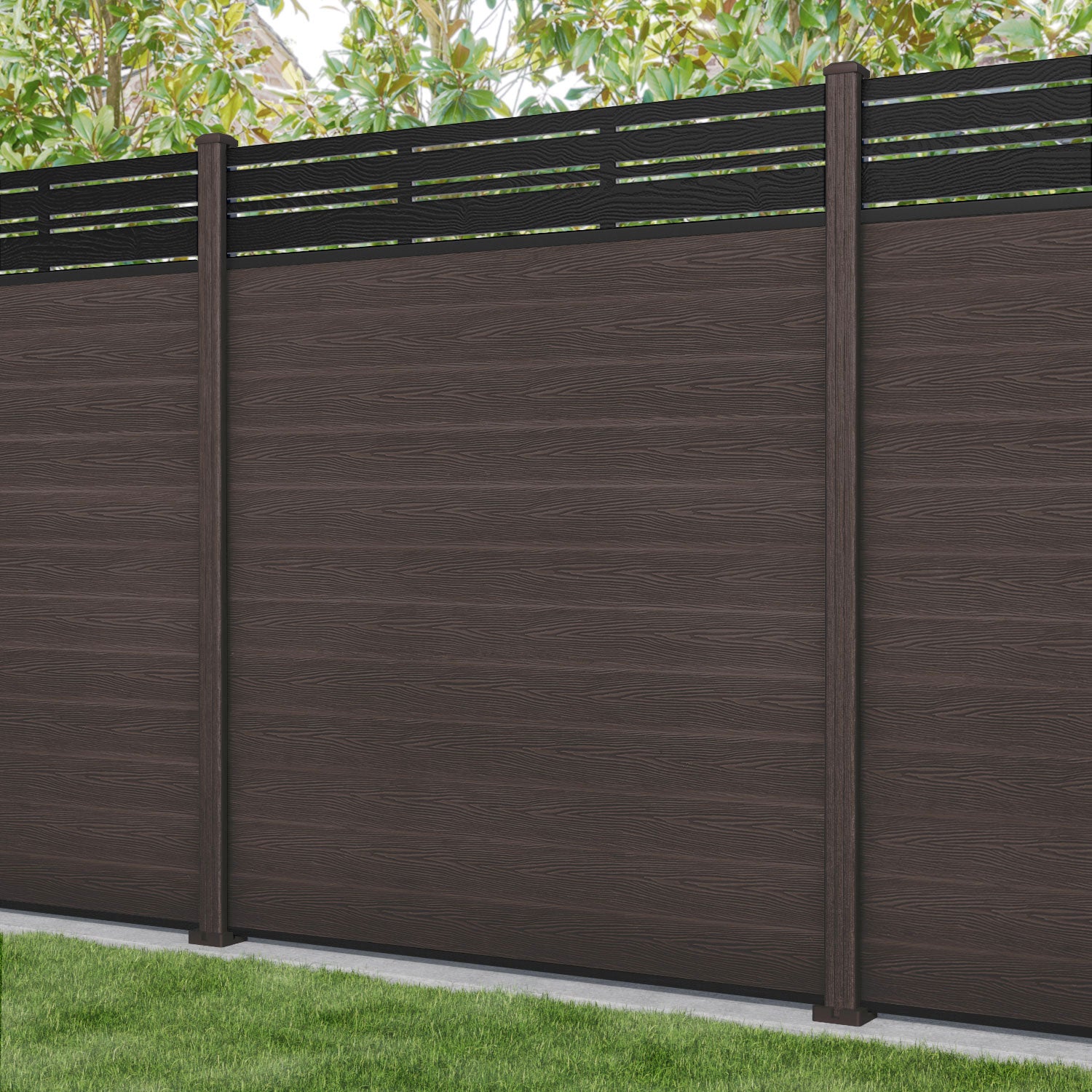 Classic Linea Fence Panel - Mid Brown - with our composite posts