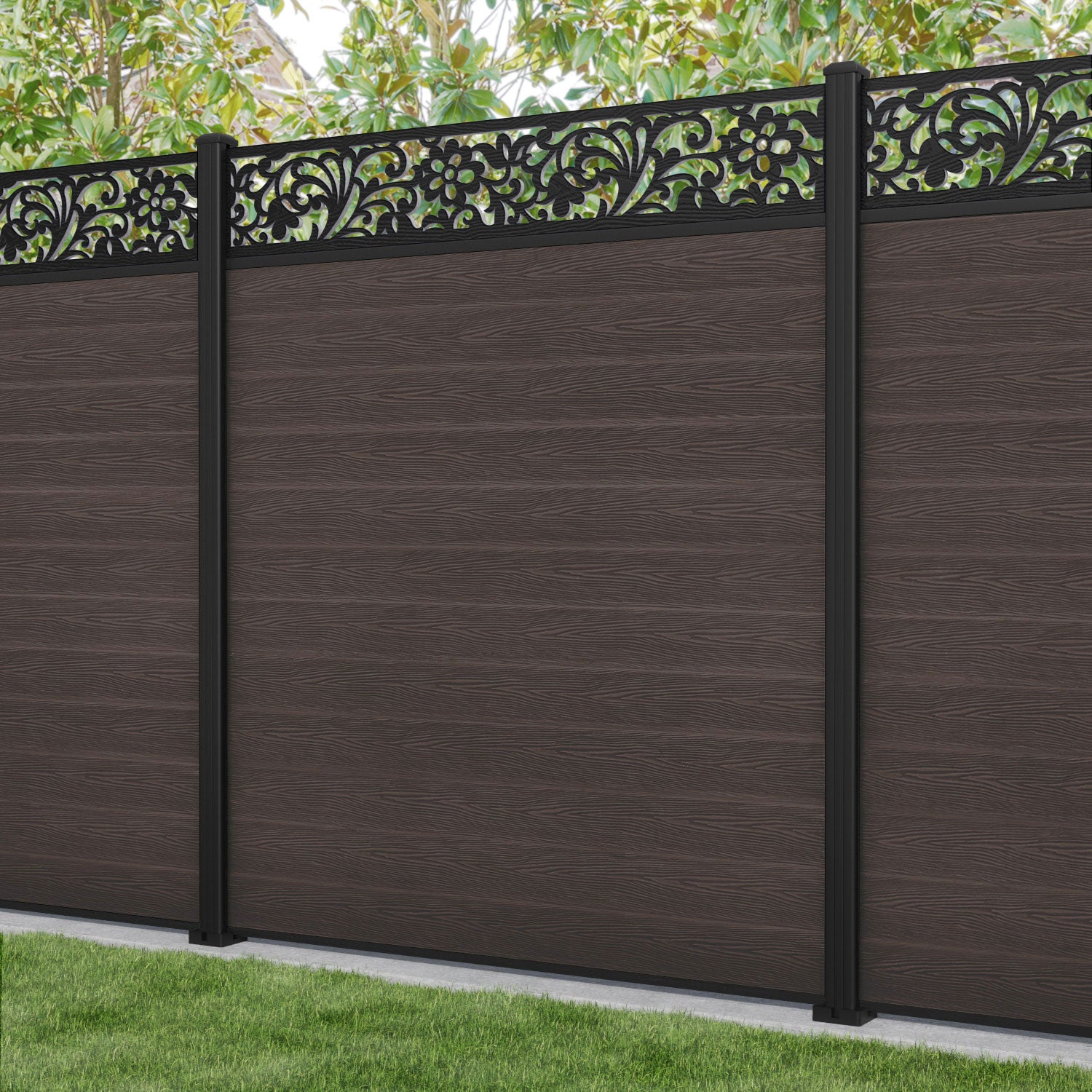 Classic Eden Fence Panel - Mid Brown - with our aluminium posts