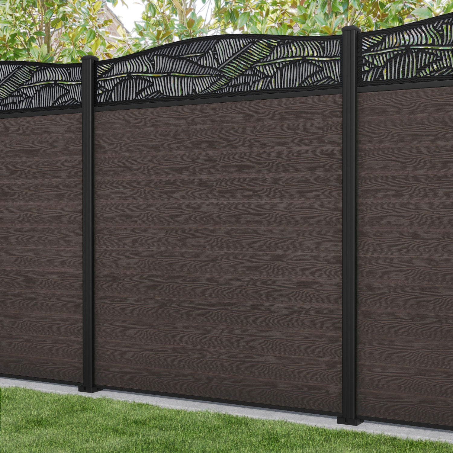 Classic Feather Curved Top Fence Panel - Mid Brown - with our aluminium posts
