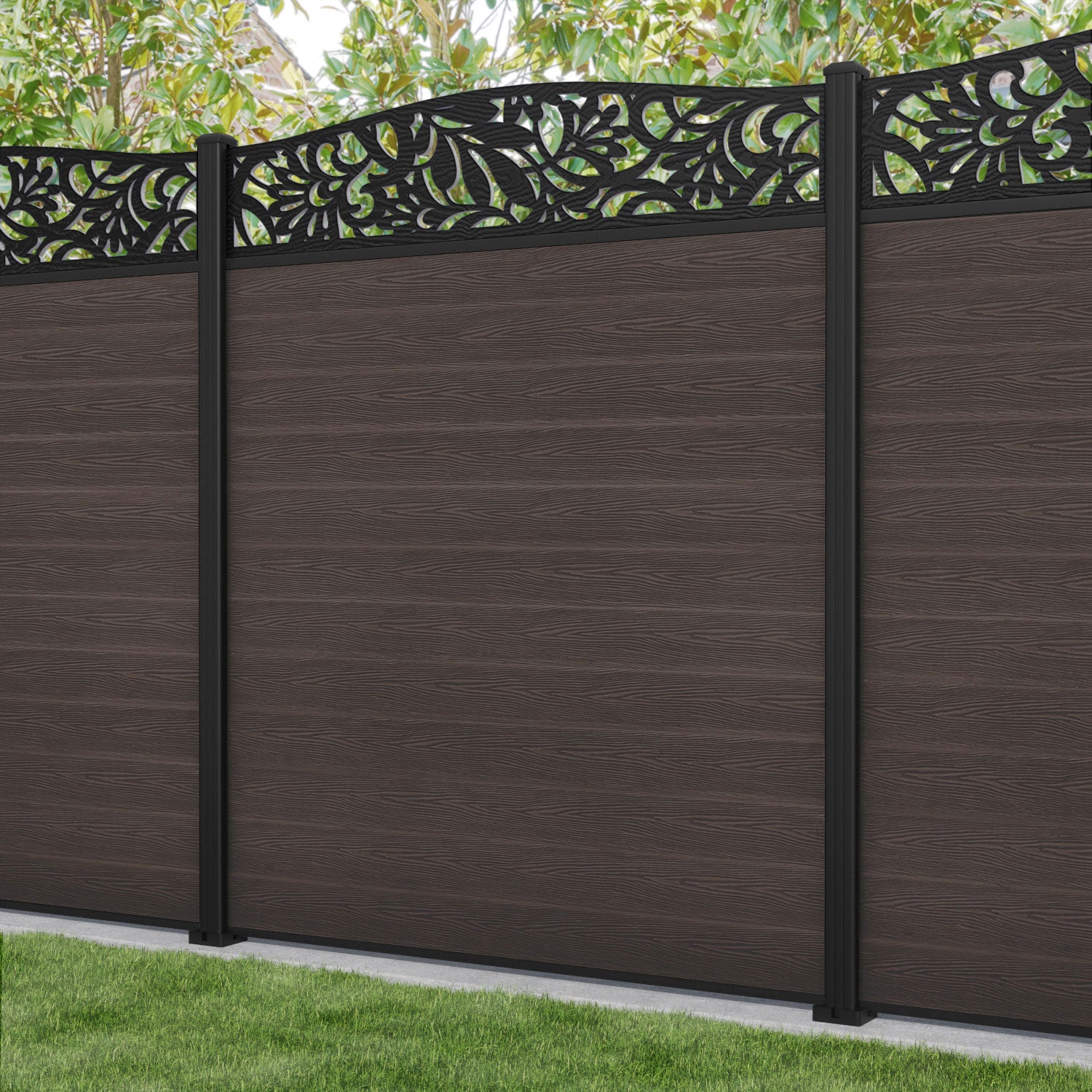 Classic Heritage Curved Top Fence Panel - Mid Brown - with our aluminium posts