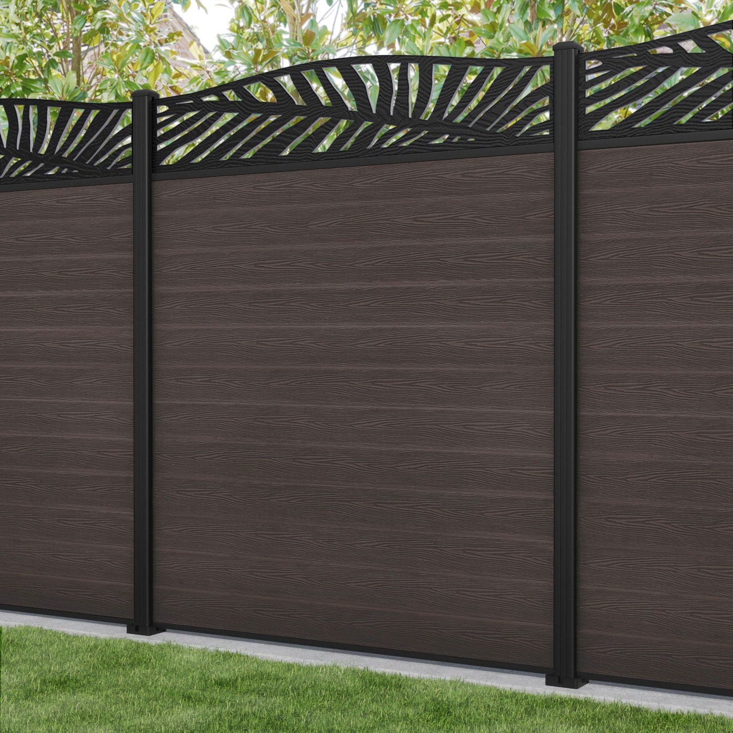 Classic Palm Curved Top Fence Panel - Mid Brown - with our aluminium posts