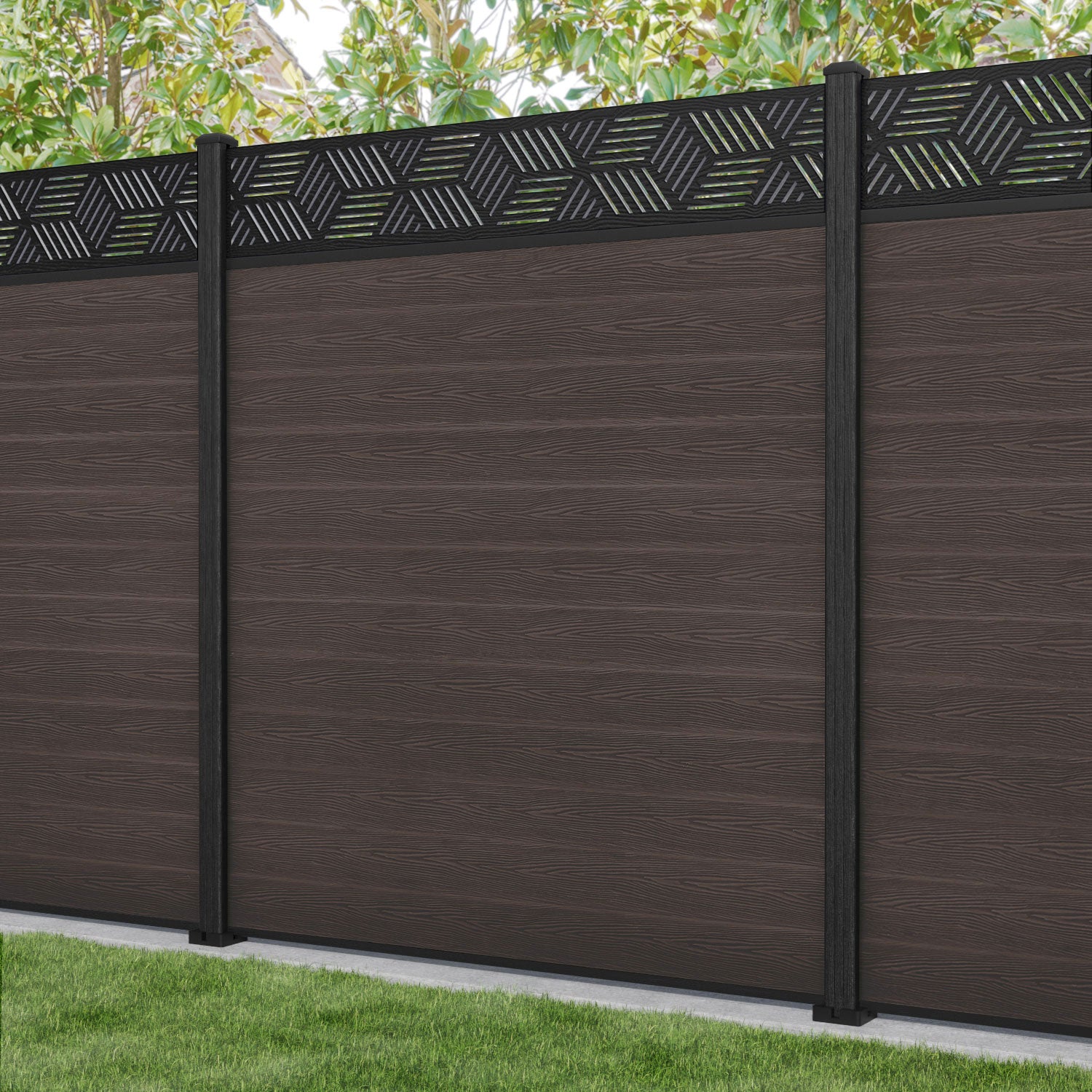 Classic Cubed Fence Panel - Mid Brown - with our composite posts
