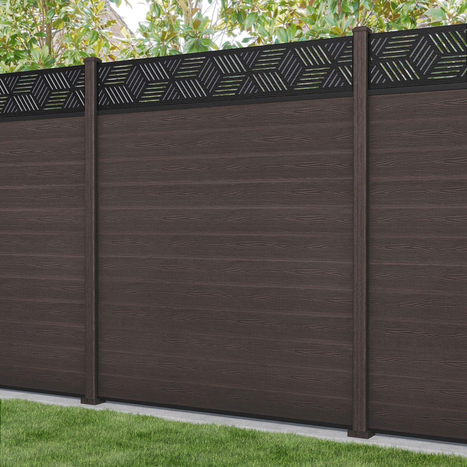 Classic Cubed Fence Panel - Mid Brown - with our composite posts