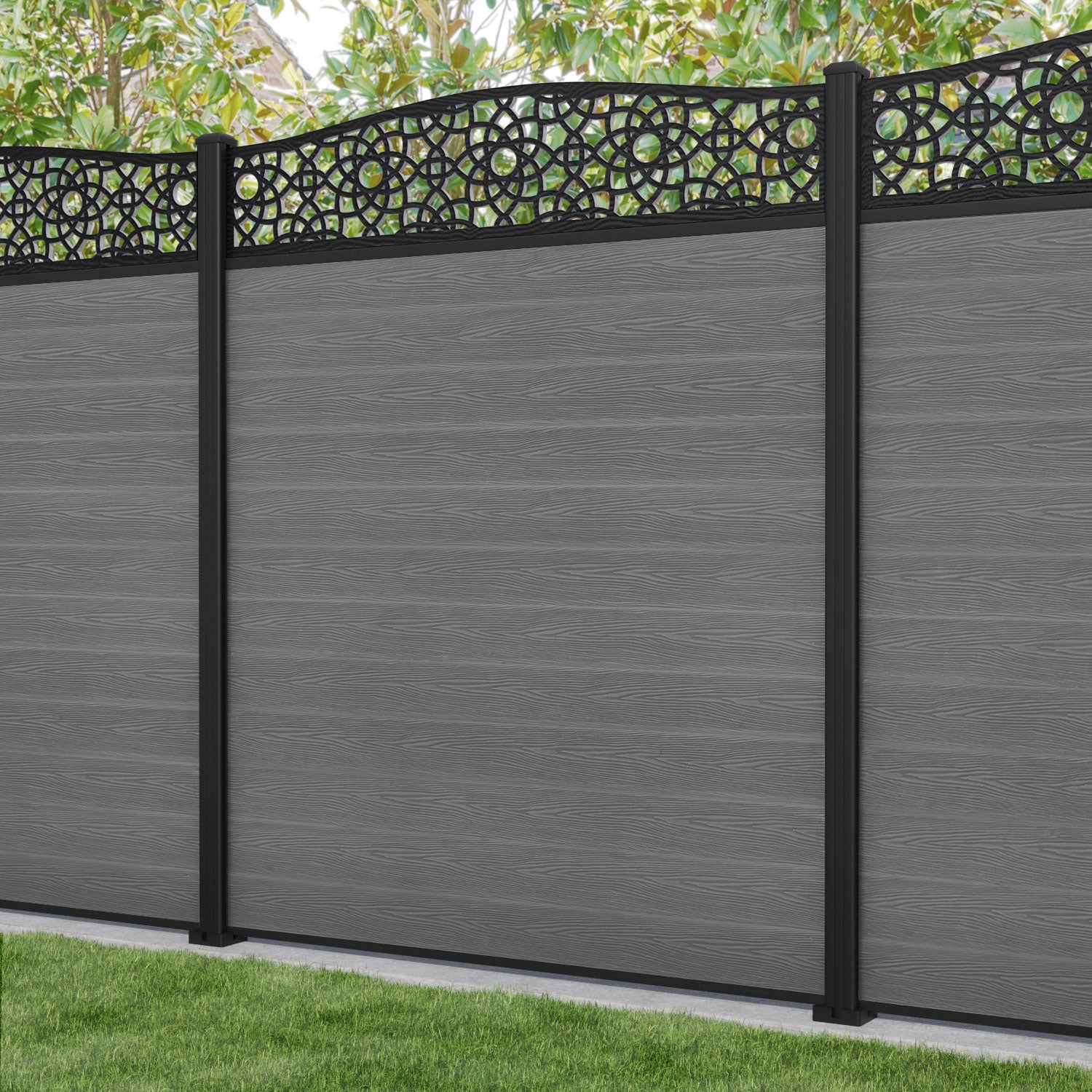 Classic Ambar Curved Top Fence Panel - Mid Grey - with our aluminium posts