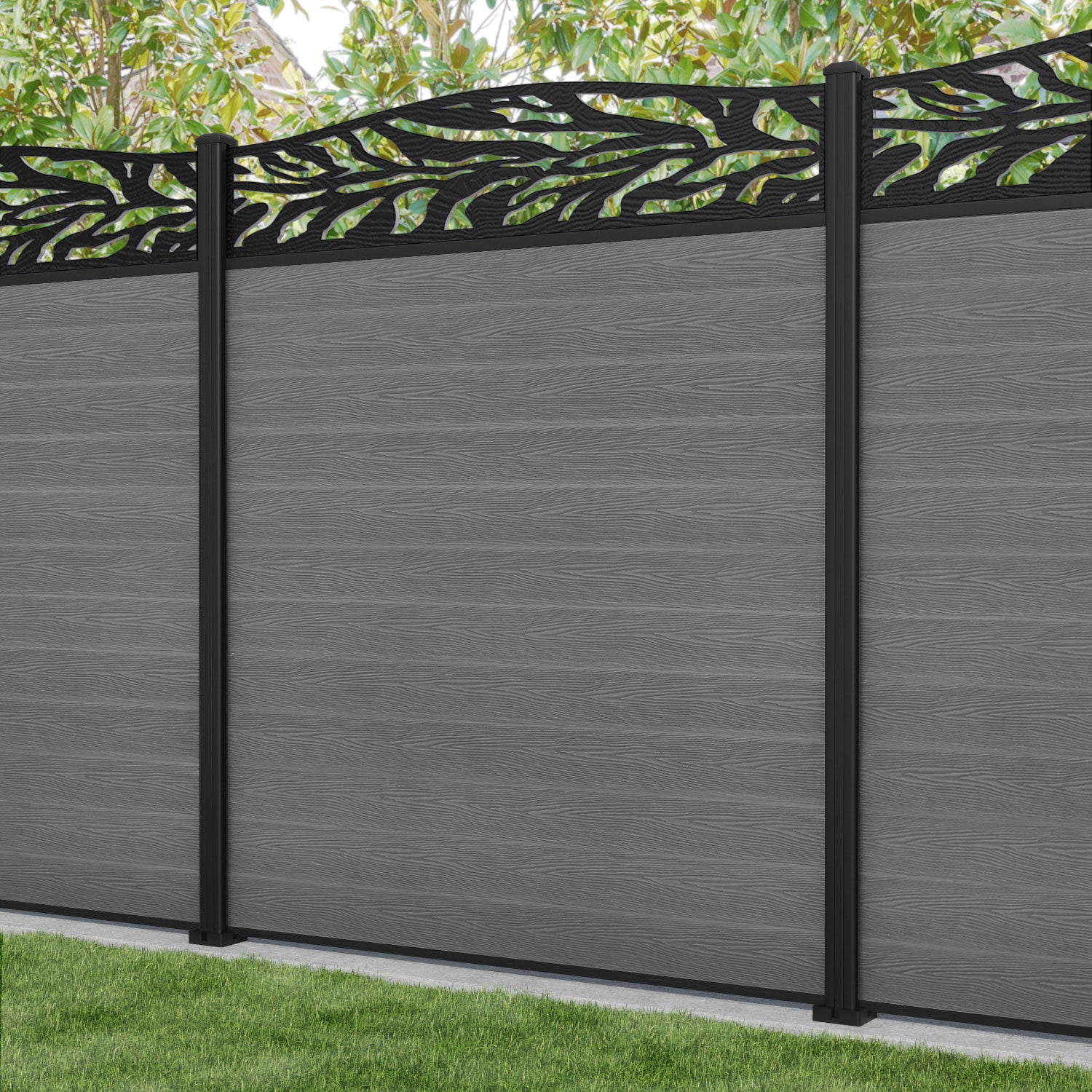 Classic Malawi Curved Top Fence Panel - Mid Grey - with our aluminium posts