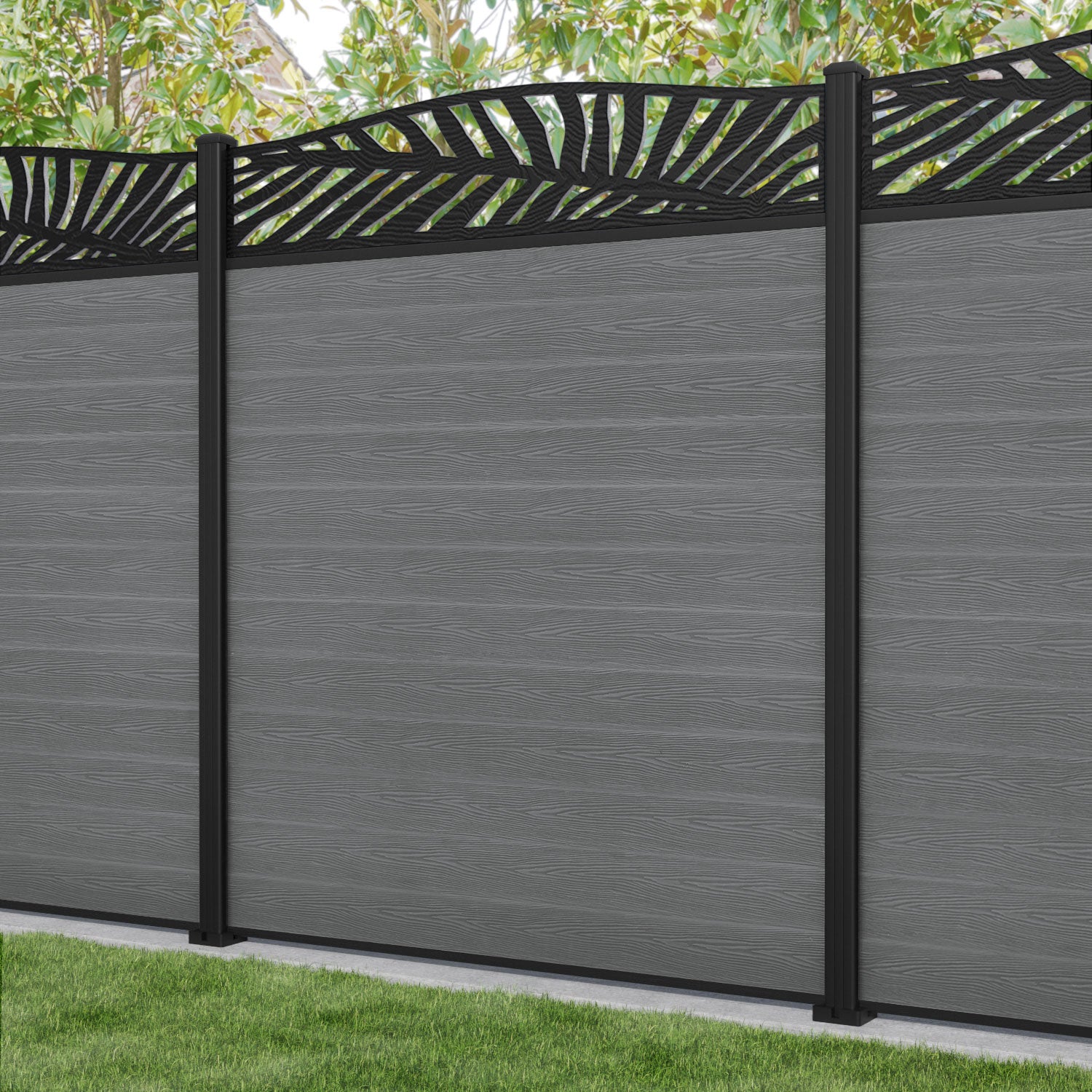 Classic Palm Curved Top Fence Panel - Mid Grey - with our aluminium posts