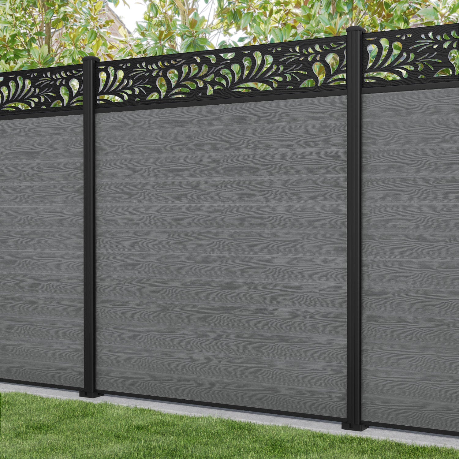Classic Petal Fence Panel - Mid Grey - with our aluminium posts