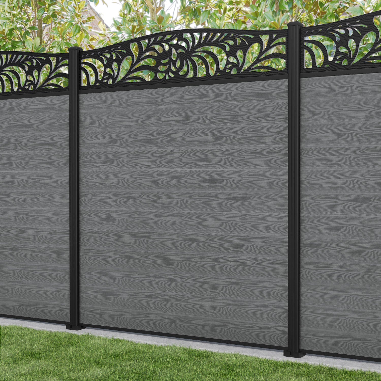 Classic Petal Curved Top Fence Panel - Mid Grey - with our aluminium posts