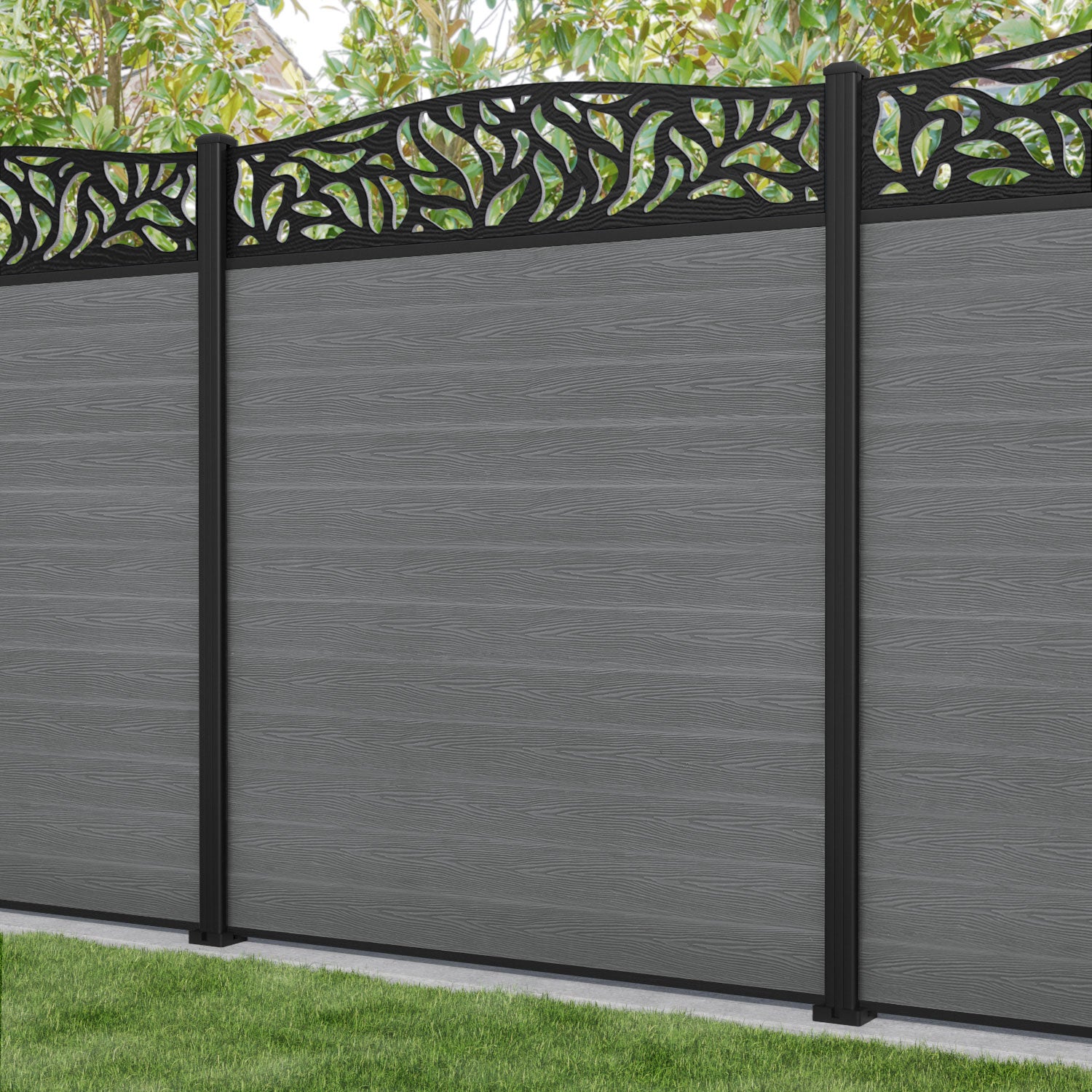 Classic Plume Curved Top Fence Panel - Mid Grey - with our aluminium posts