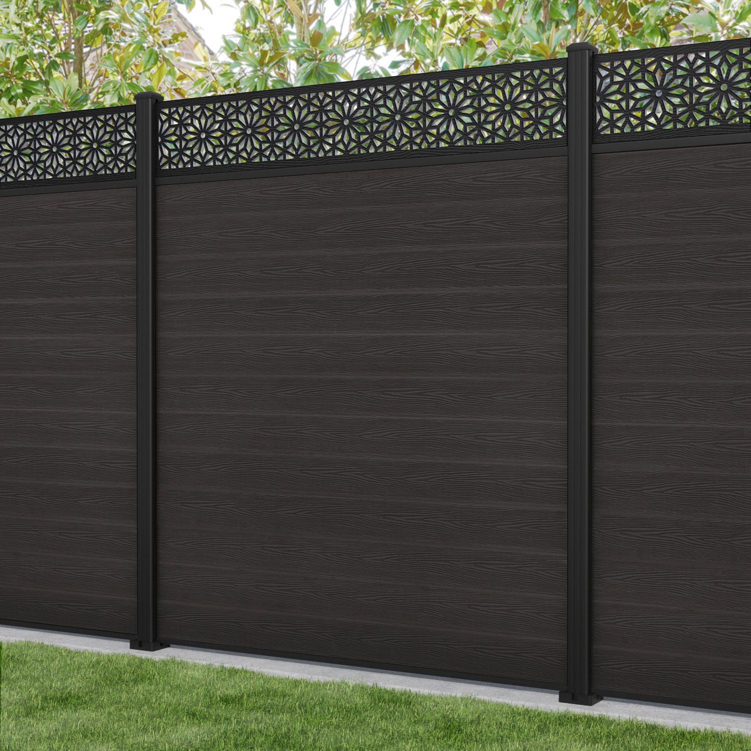 Classic Narwa Fence Panel - Dark Oak - with our aluminium posts