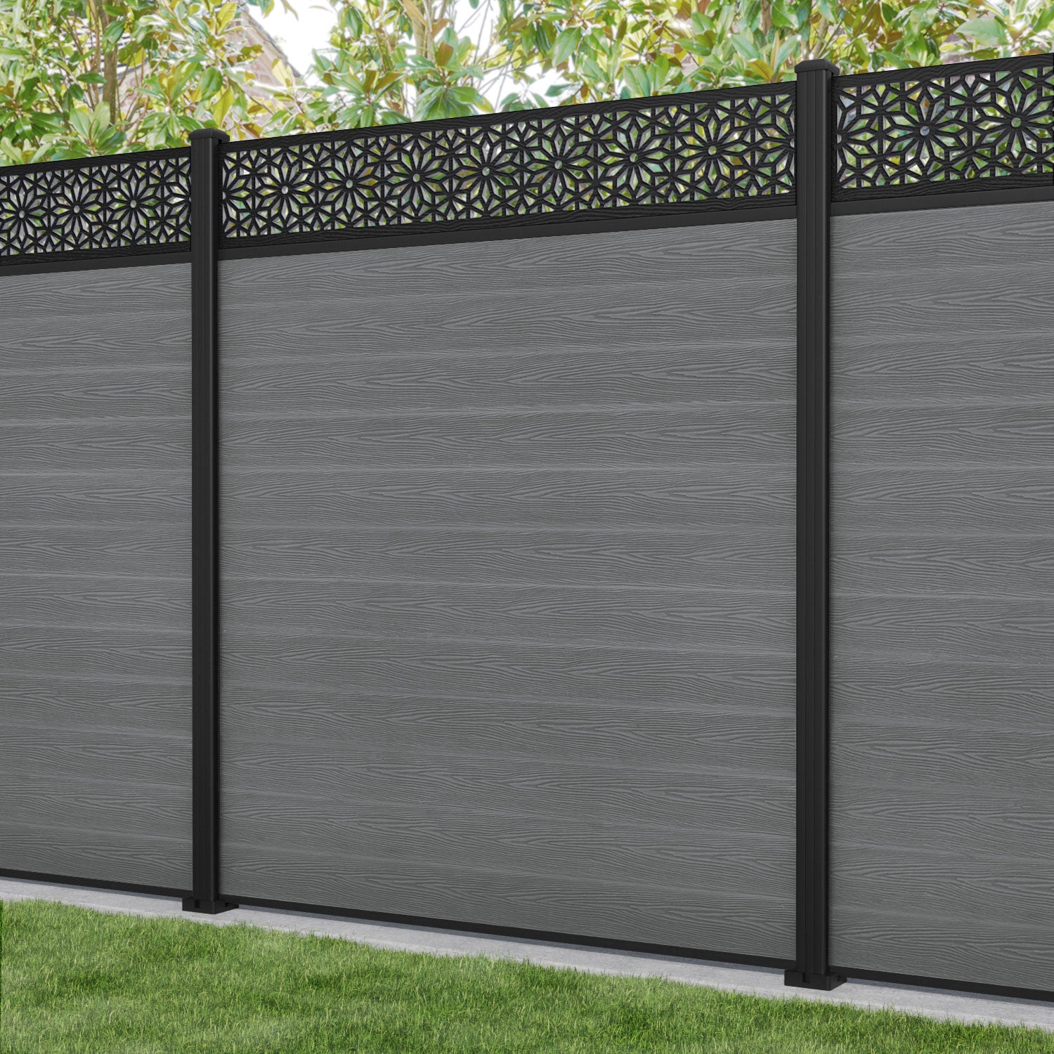 Classic Narwa Fence Panel - Mid Grey - with our aluminium posts