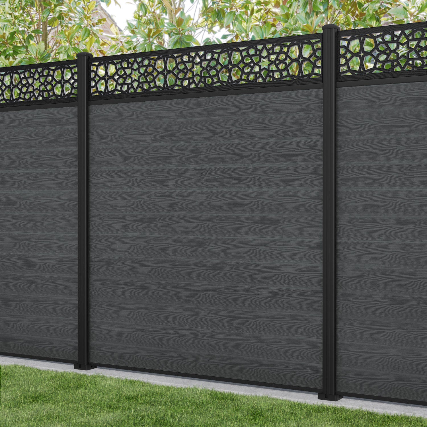 Classic Nazira Fence Panel - Dark Grey - with our aluminium posts