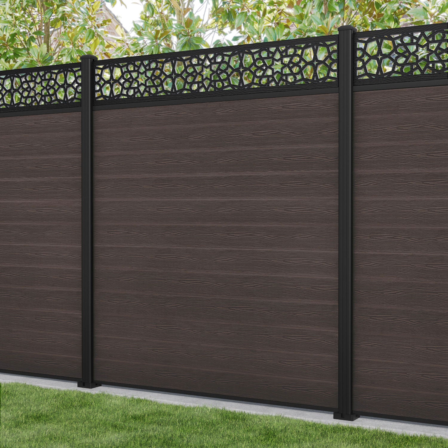 Classic Nazira Fence Panel - Mid Brown - with our aluminium posts