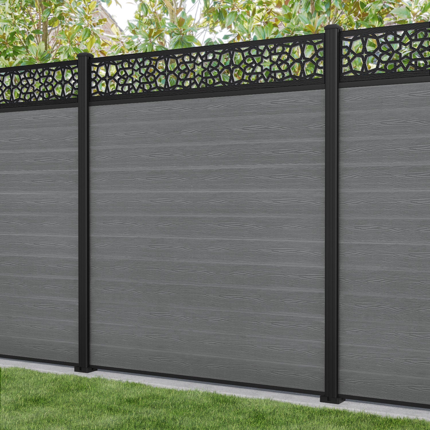 Classic Nazira Fence Panel - Mid Grey - with our aluminium posts