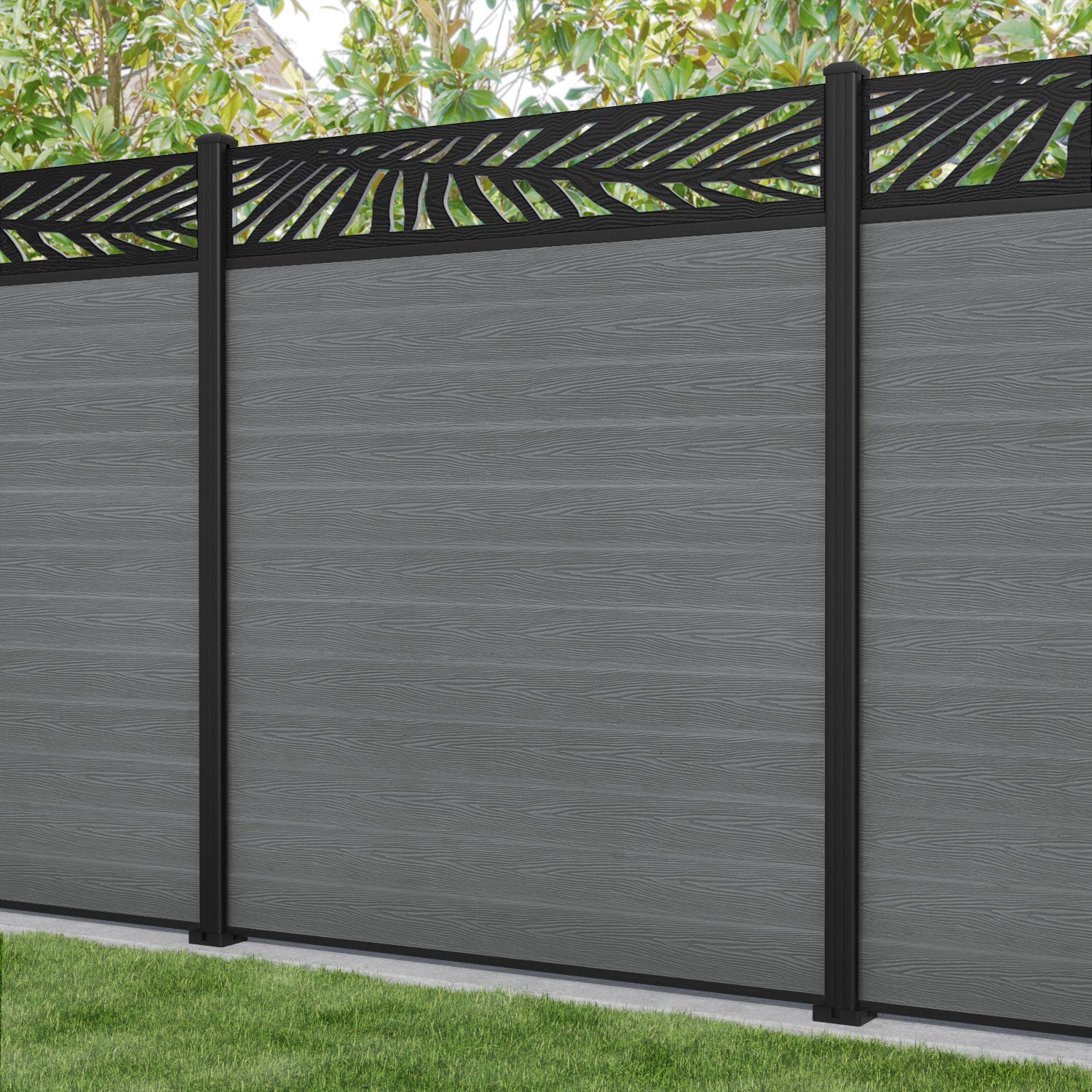 Classic Palm Fence Panel - Mid Grey - with our aluminium posts