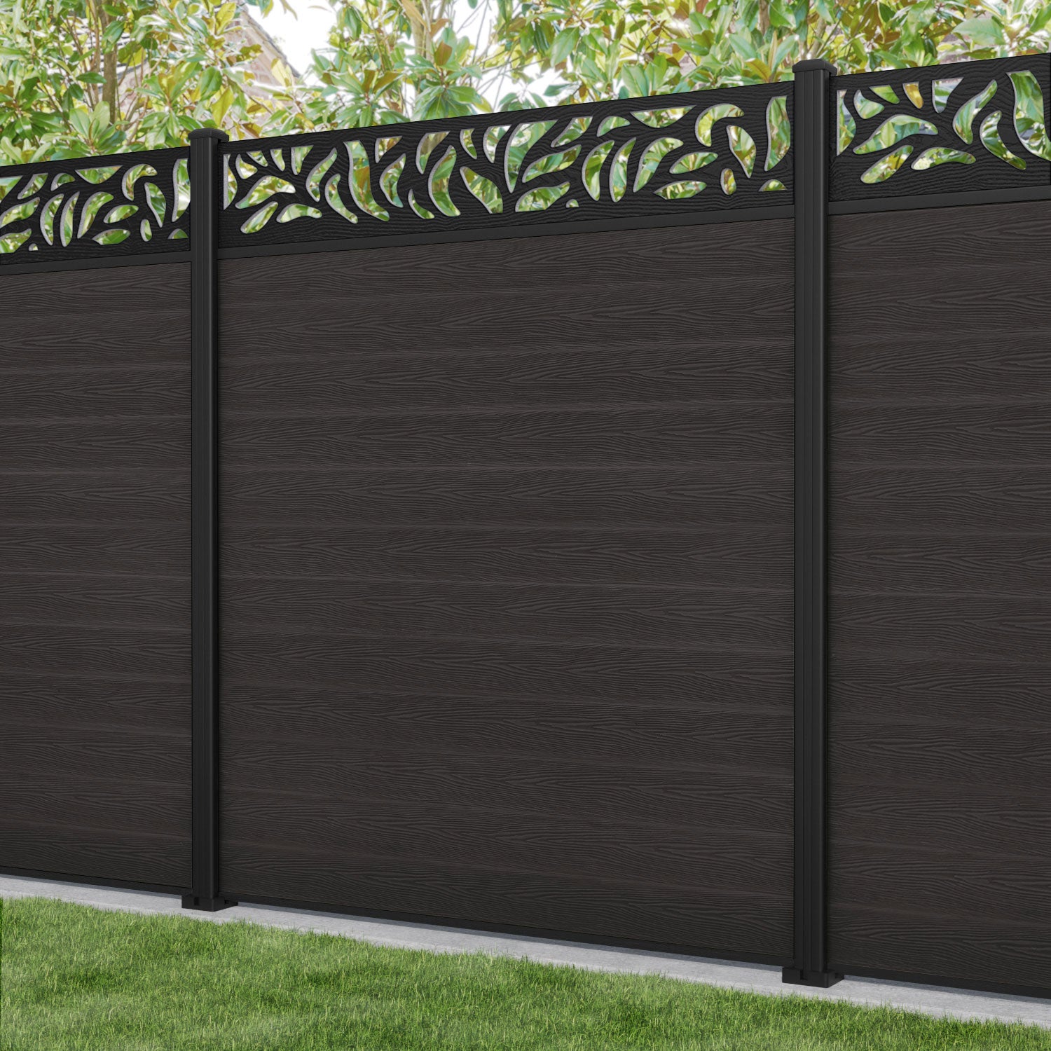 Classic Plume Fence Panel - Dark Oak - with our aluminium posts
