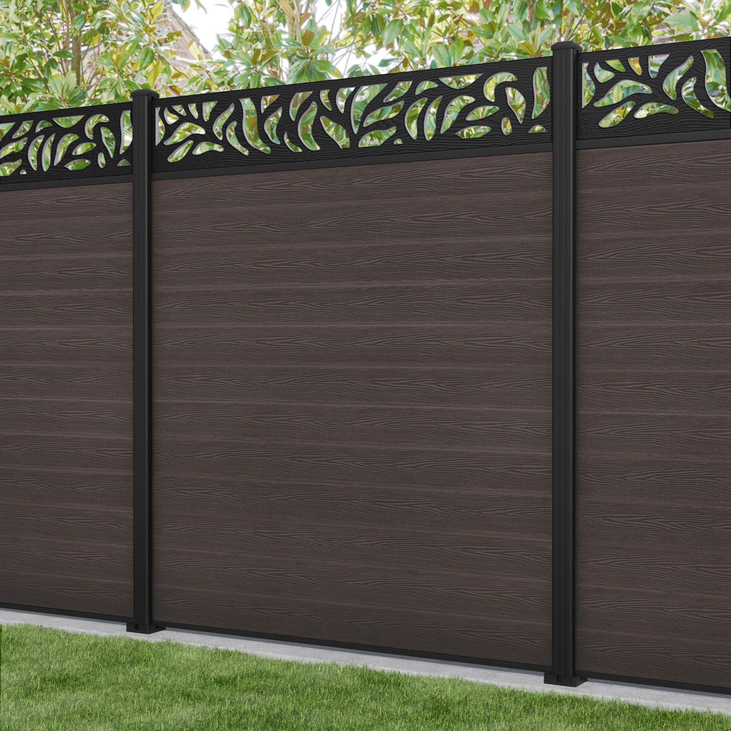 Classic Plume Fence Panel - Mid Brown - with our aluminium posts