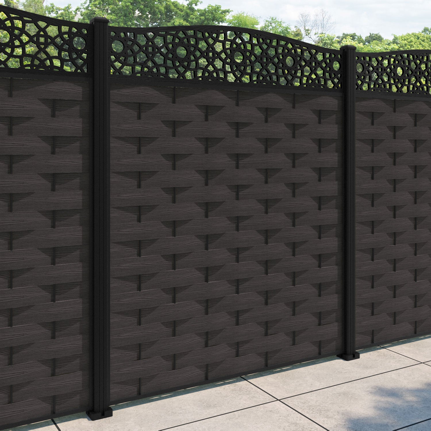 Ripple Ambar Curved Top Fence Panel - Dark Oak - with our aluminium posts