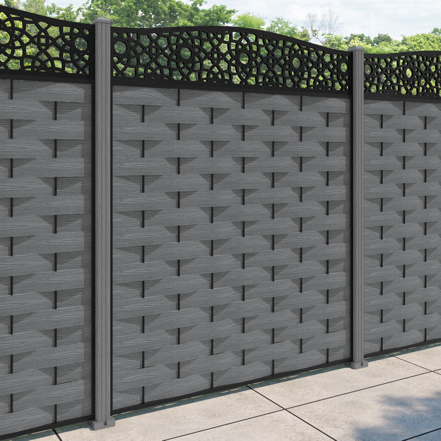 Ripple Ambar Curved Top Fence Panel - Mid Grey - with our composite posts