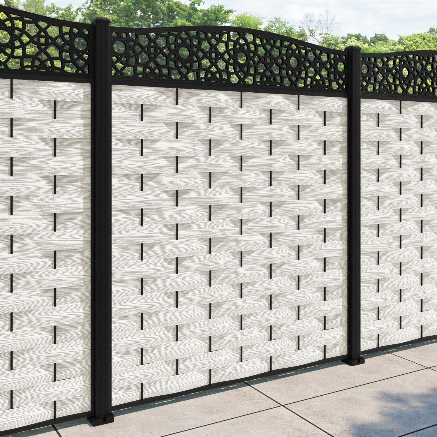 Ripple Ambar Curved Top Fence Panel - Light Stone - with our aluminium posts