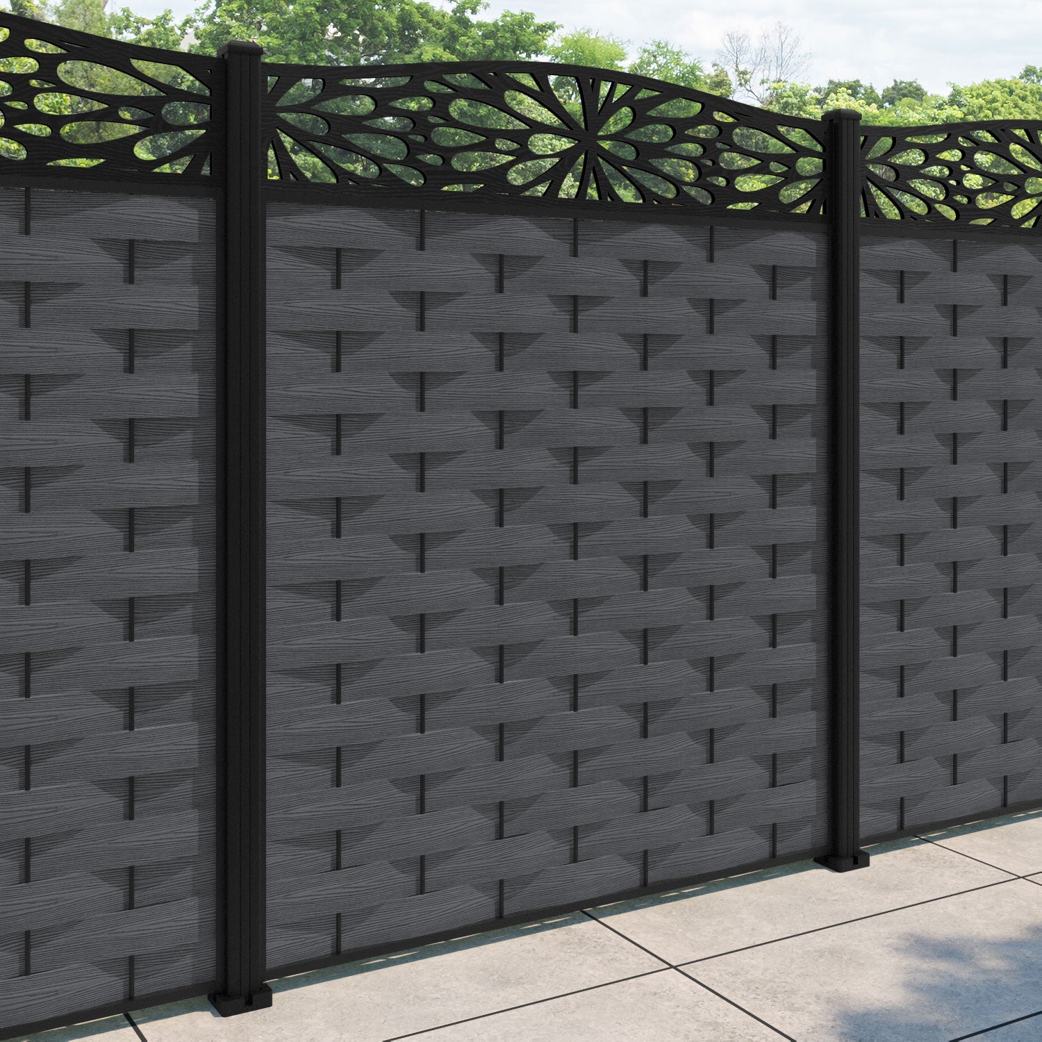 Ripple Blossom Curved Top Fence Panel - Dark Grey - with our aluminium posts