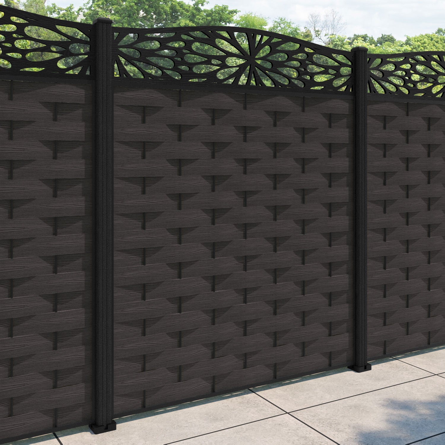 Ripple Blossom Curved Top Fence Panel - Dark Oak - with our composite posts