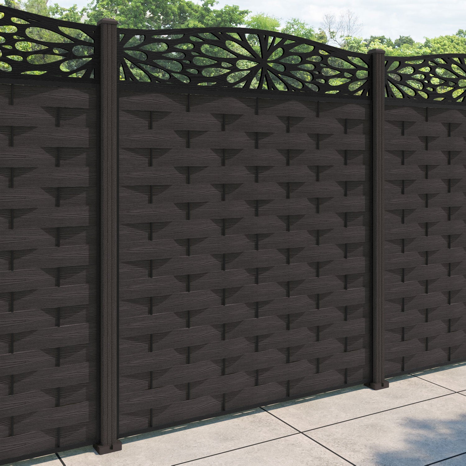 Ripple Blossom Curved Top Fence Panel - Dark Oak - with our composite posts