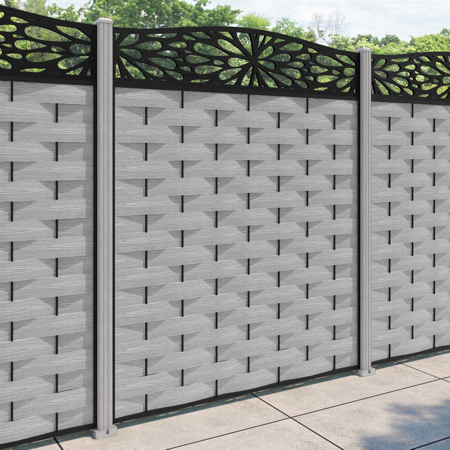 Ripple Blossom Curved Top Fence Panel - Light Grey - with our composite posts
