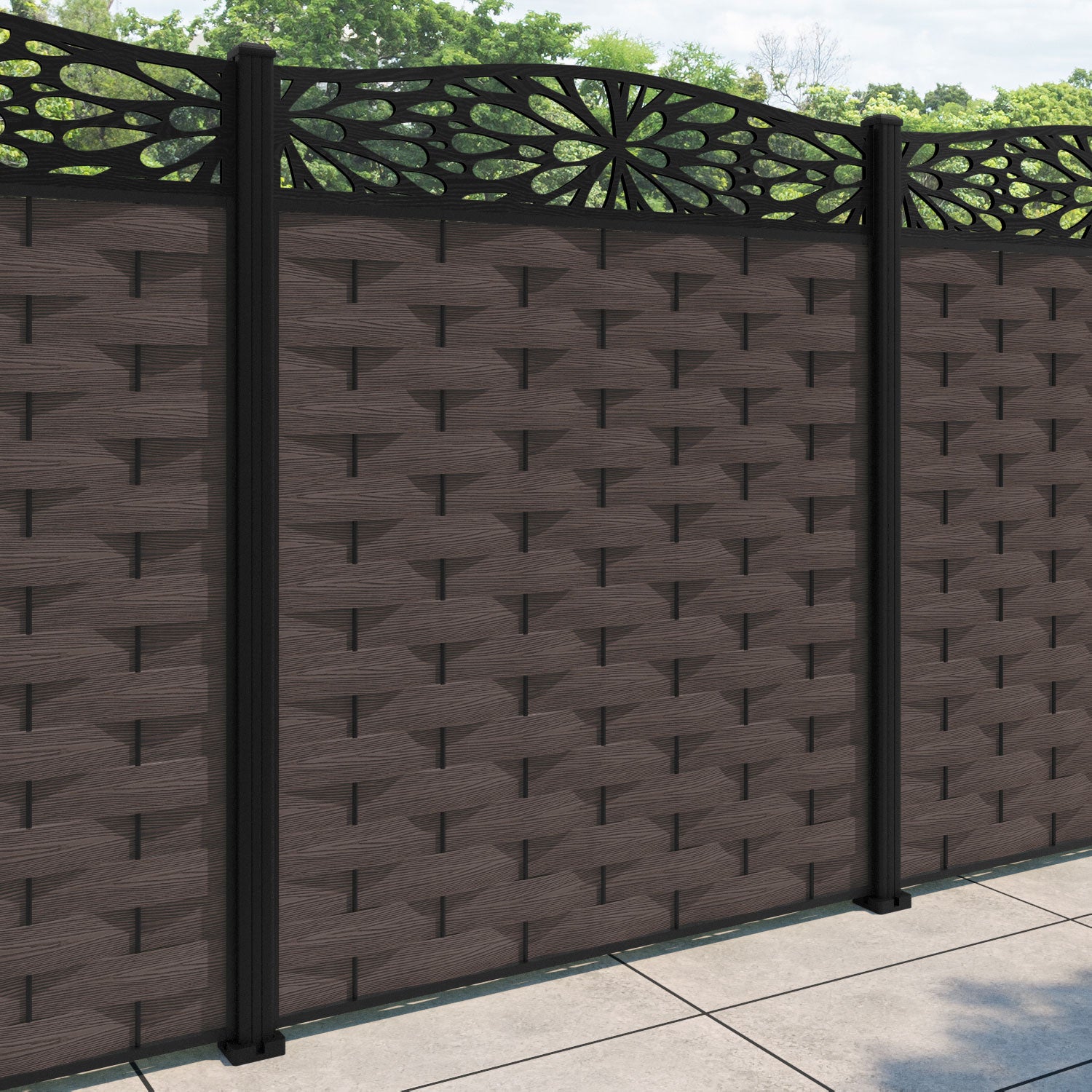 Ripple Blossom Curved Top Fence Panel - Mid Brown - with our aluminium posts
