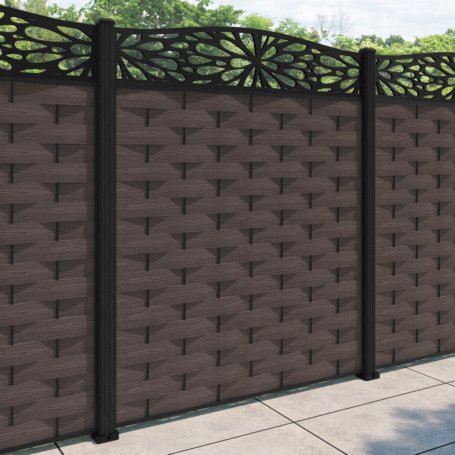Ripple Blossom Curved Top Fence Panel - Mid Brown - with our composite posts